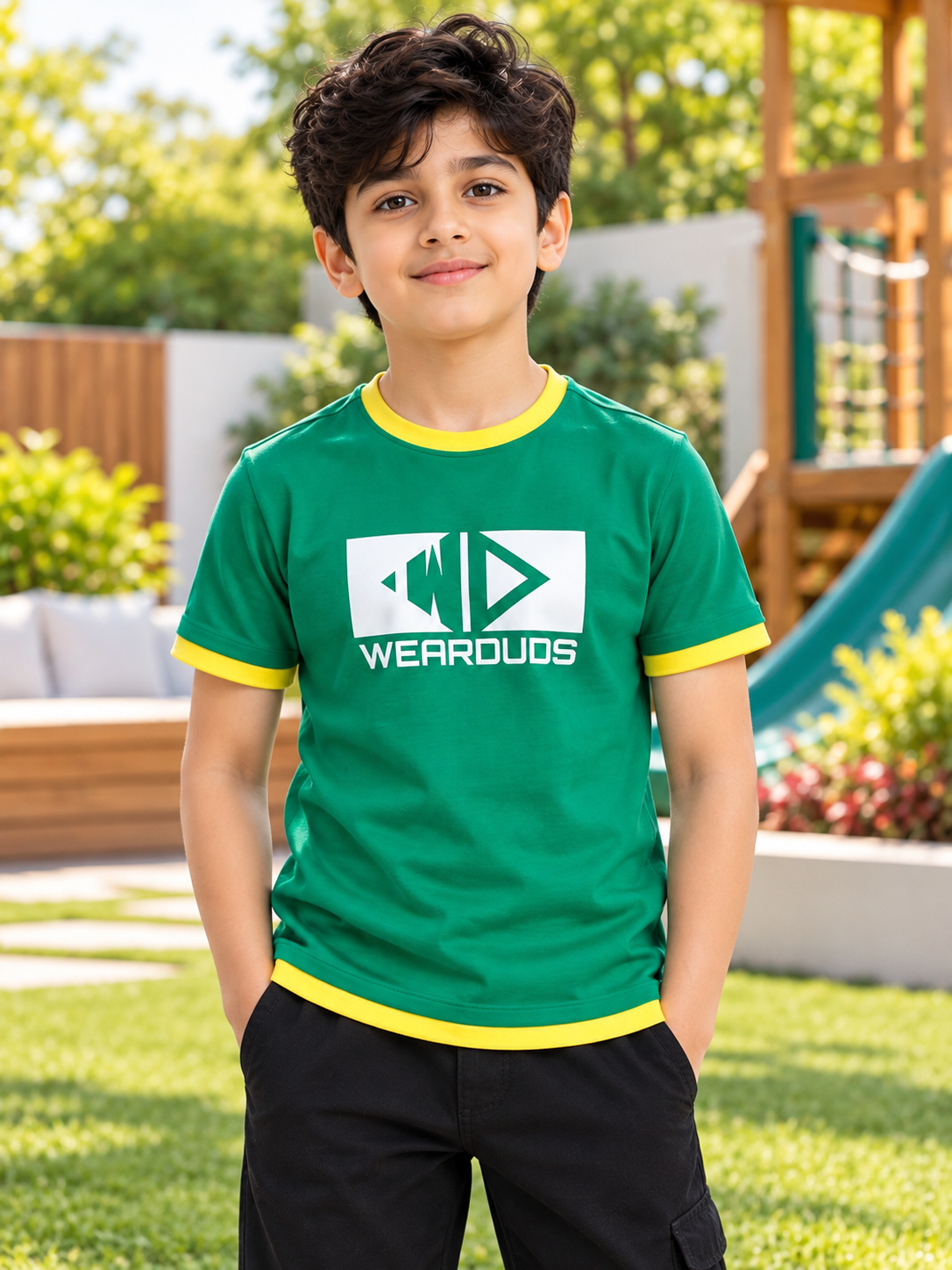 ELMER REGULAR FIT T-SHIRT FOR BOYS GIRLS GREEN worn by boy outdoors
