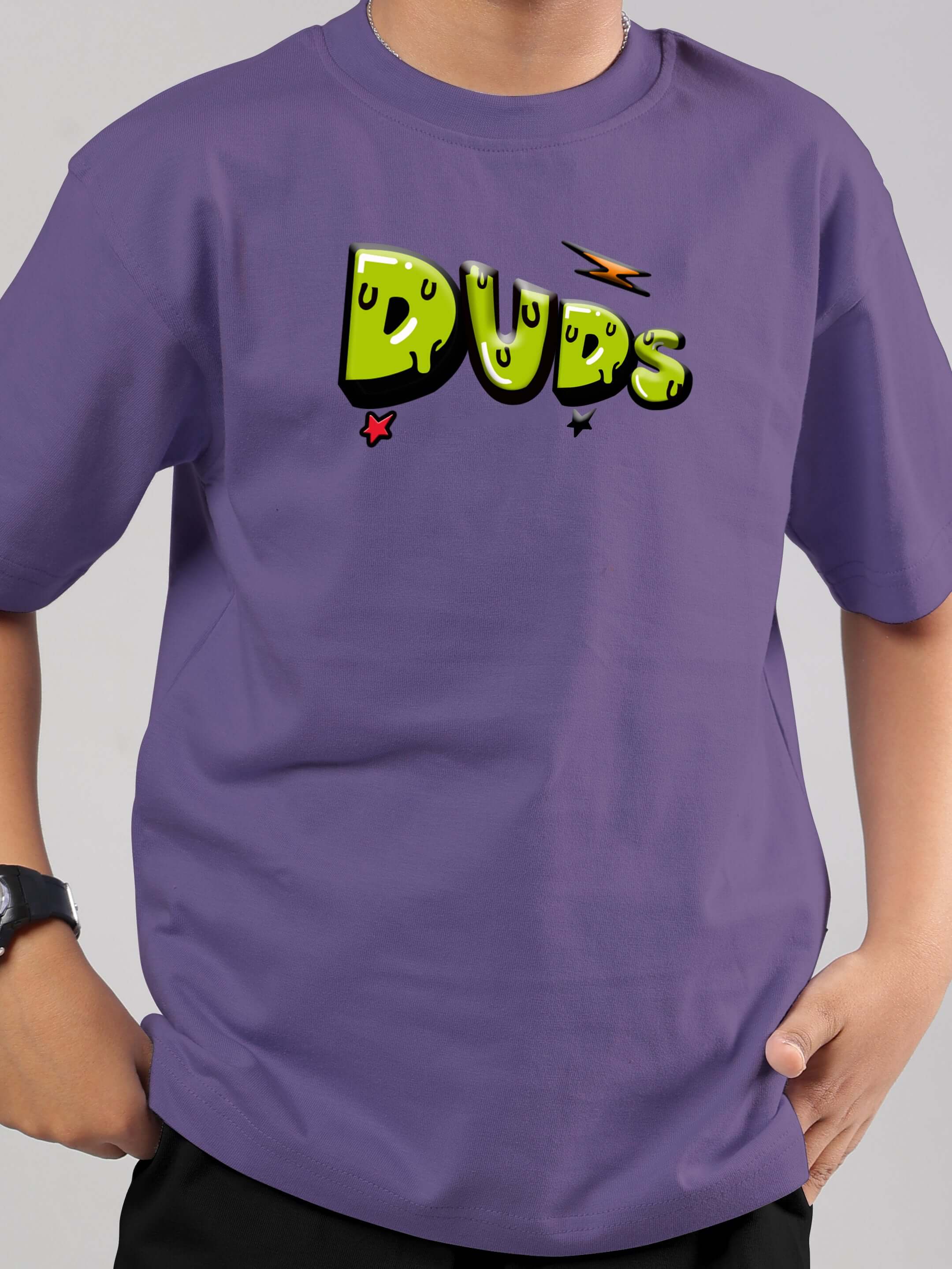 Child wearing Wisteria Purple "Escaped Tweety" t-shirt by DUDS, made-to-order with custom fit options.