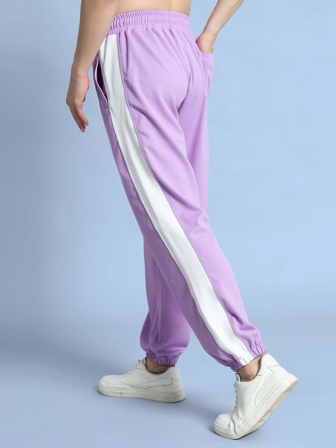 Euphoria Joggers in Lavender-White with white side stripe, made-to-order by experienced tailors. Available in Custom Fit for prepaid orders.