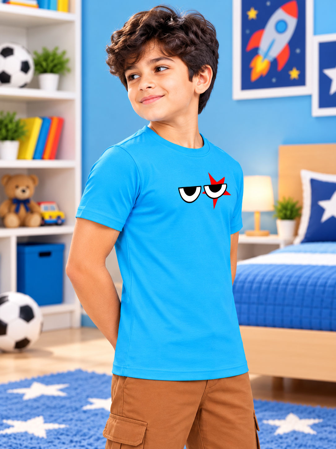 EYE PRINT T-SHIRT FOR BOYS & GIRLS BLUE worn by a smiling boy in a star-themed bedroom, casual streetwear style