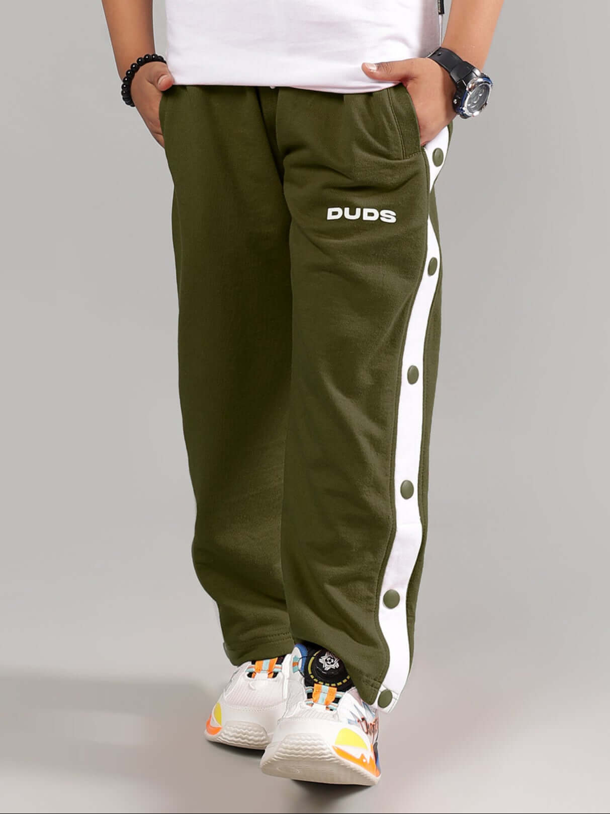 EZEL JOGGER FOR BOYS & GIRLS OLIVE GREEN by DUDS with side button detailing