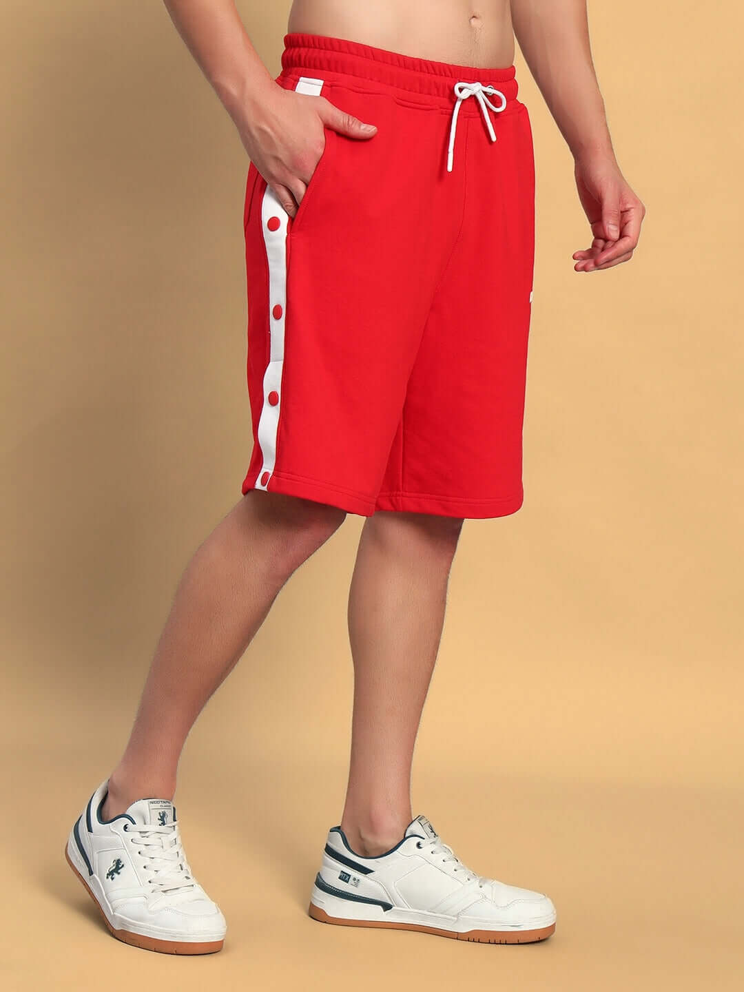 EZEL REGULAR FIT COTTON SHORTS RED with white side stripe on model