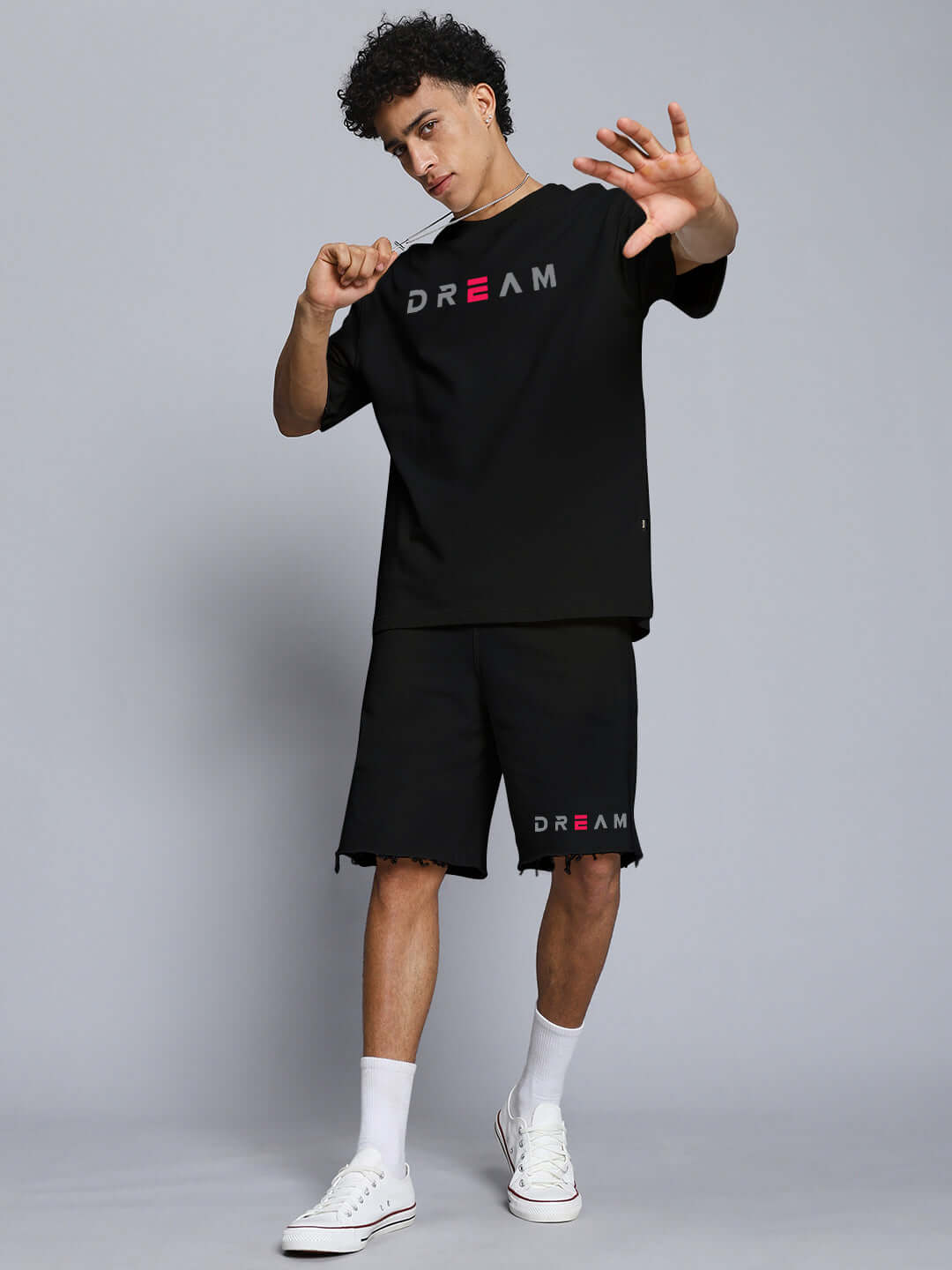Model wearing FANCY DREAM CO-ORD SET in black, featuring premium heavy gauge cotton fabric, comfortable fit, and stylish design.
