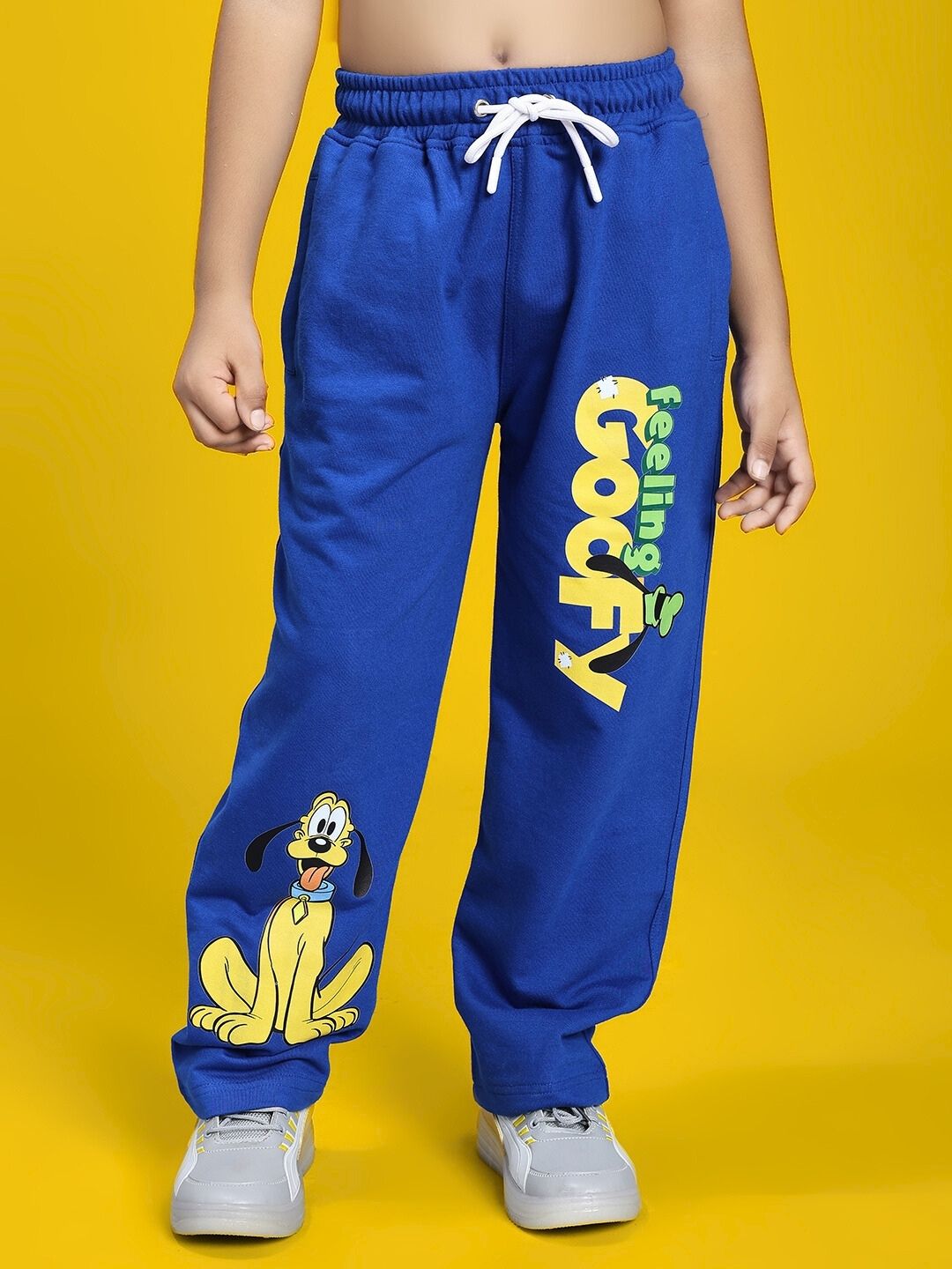 FEELING GOOFY JOGGER FOR BOYS AND GIRLS BLUE with cartoon design on yellow background