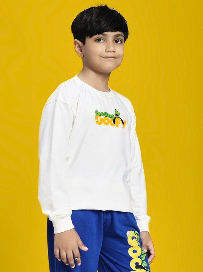 Boy wearing FEELING GOOFY SWEATSHIRT FOR BOYS AND GIRLS WHITE on yellow background