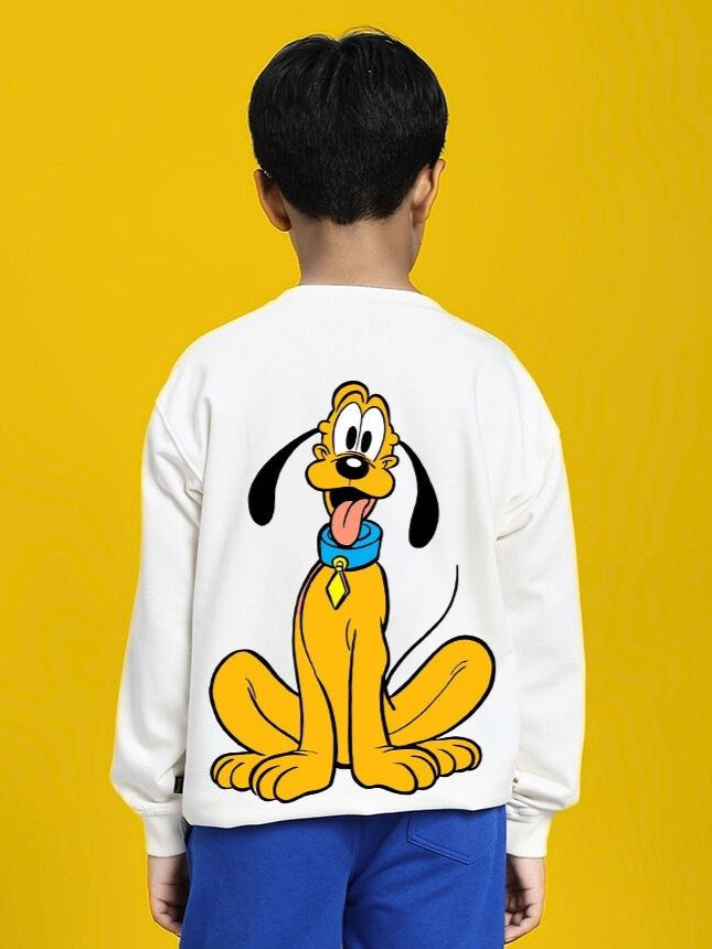 Child wearing FEELING GOOFY SWEATSHIRT FOR BOYS AND GIRLS WHITE with cartoon character print in back view