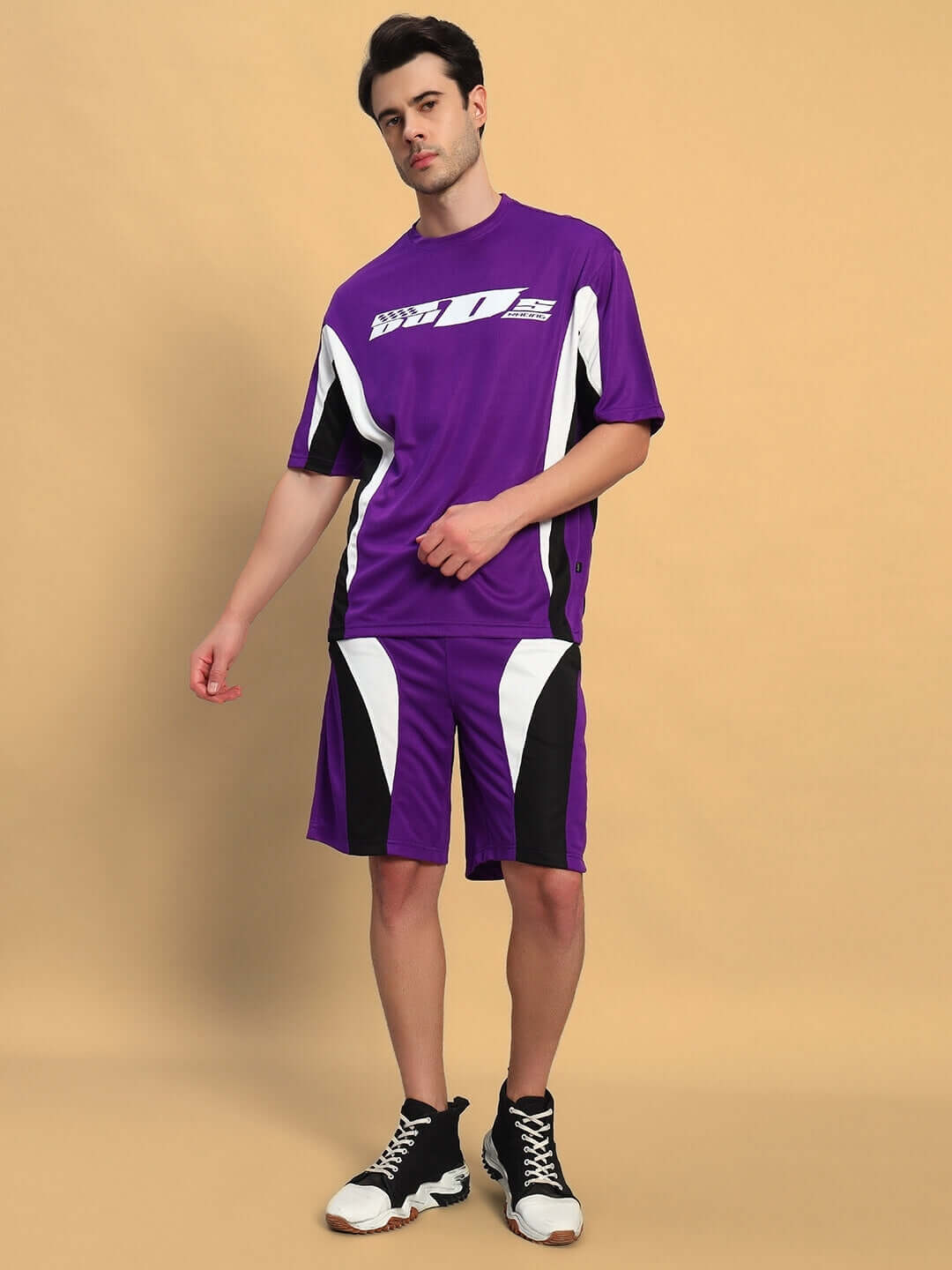 FIFA Colorblock Co-ord Set in Purple, featuring sports polyester fabric, modeled, perfect for casual sportswear, India made.