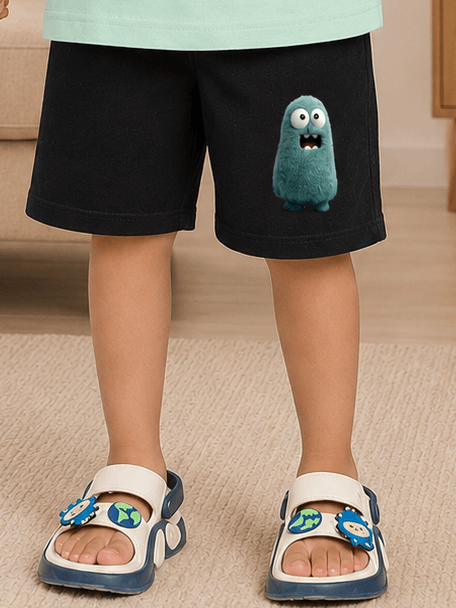FUN MONSTER GRAPHIC SHORTS FOR BOYS GIRLS BLACK worn by child with blue monster graphic on black shorts.