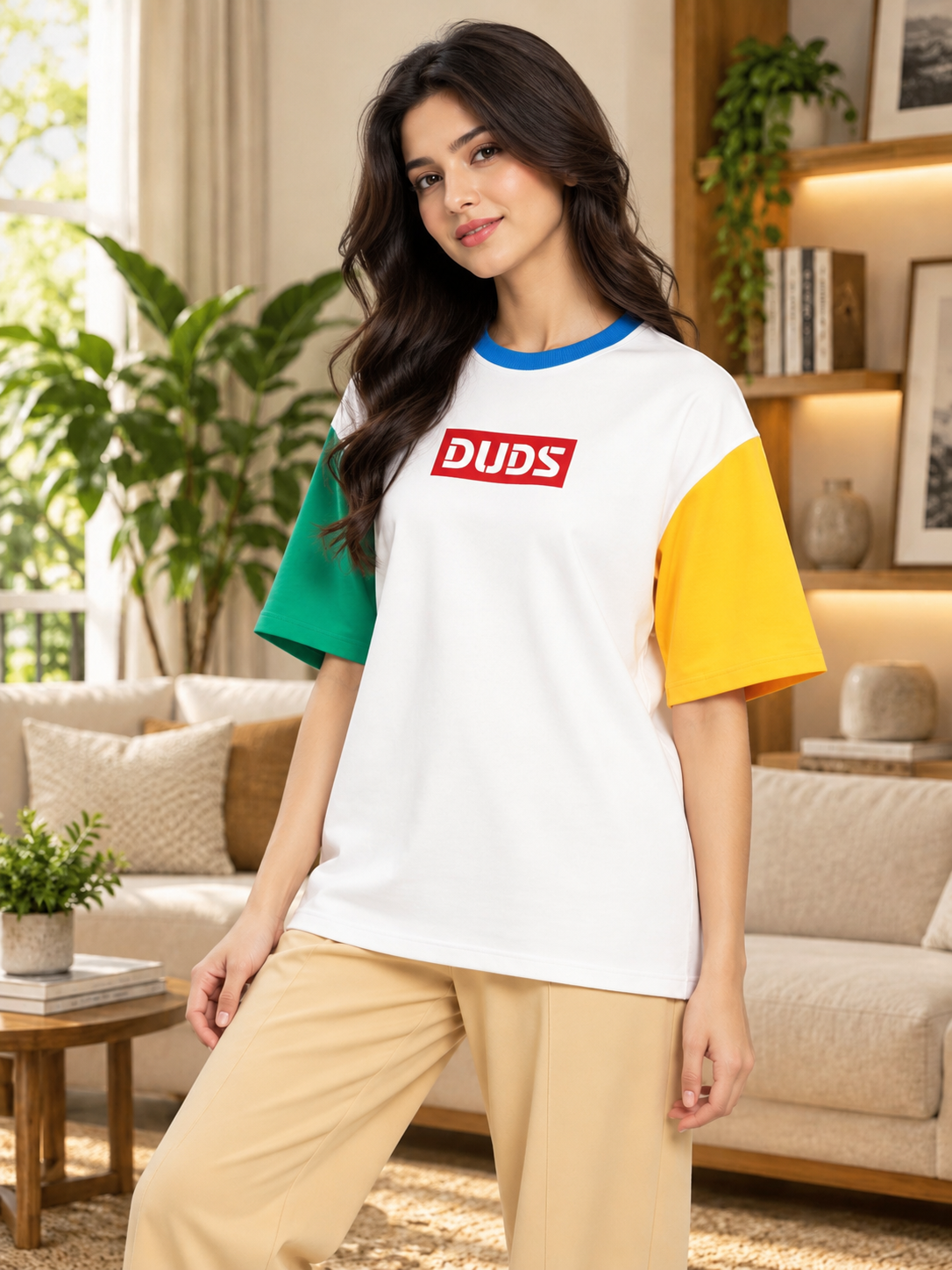 WOMEN CHROMA COLOR BLOCKED OVERSIZED T-SHIRT OFF WHITE