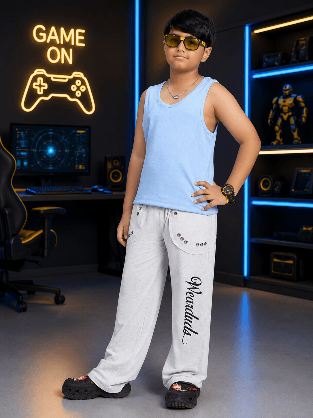 SIGNATURE SCRIPT CO-ORD FOR BOYS GIRLS SKY BLUE MELANGE GREY