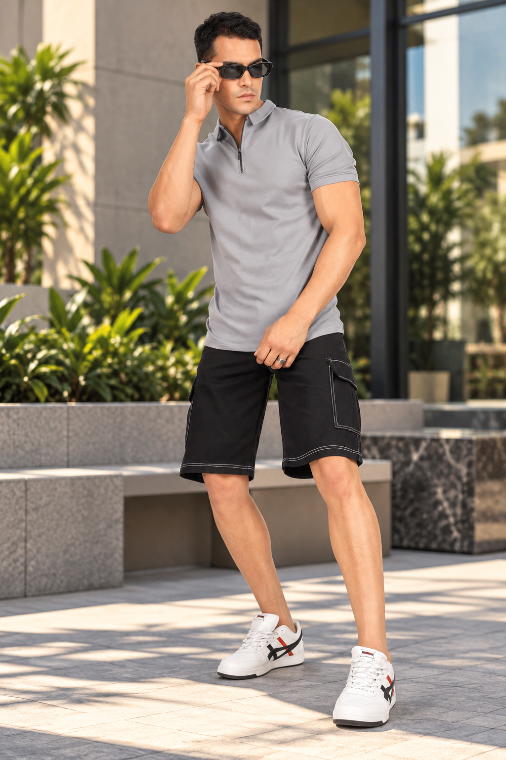 ZIPPER POLO NECK T-SHIRT GRAINED GREY