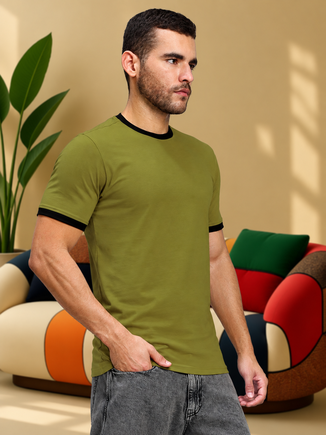 MINIMALIST CONTRAST EDGE T-SHIRT OLIVE GREEN