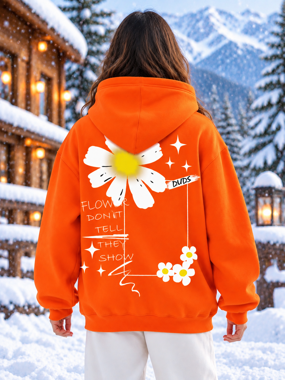 WOMEN BLOOM QUOTE FLEECE OVERSIZED HOODIE ORANGE