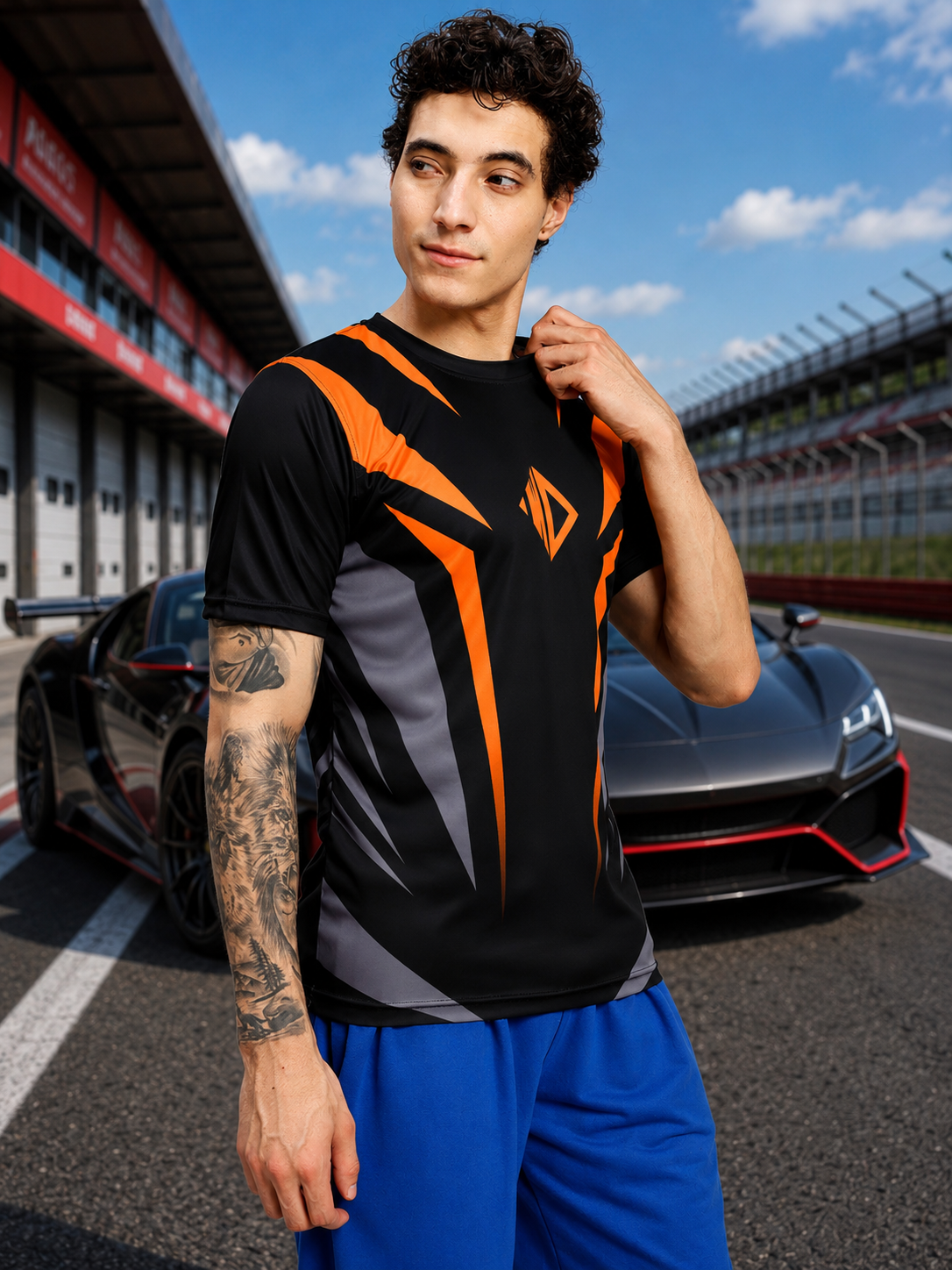 NITRO SHIFT ATHLETIC T-SHIRT BLACK worn by a model, showcasing its sleek fit and design on a racetrack.
