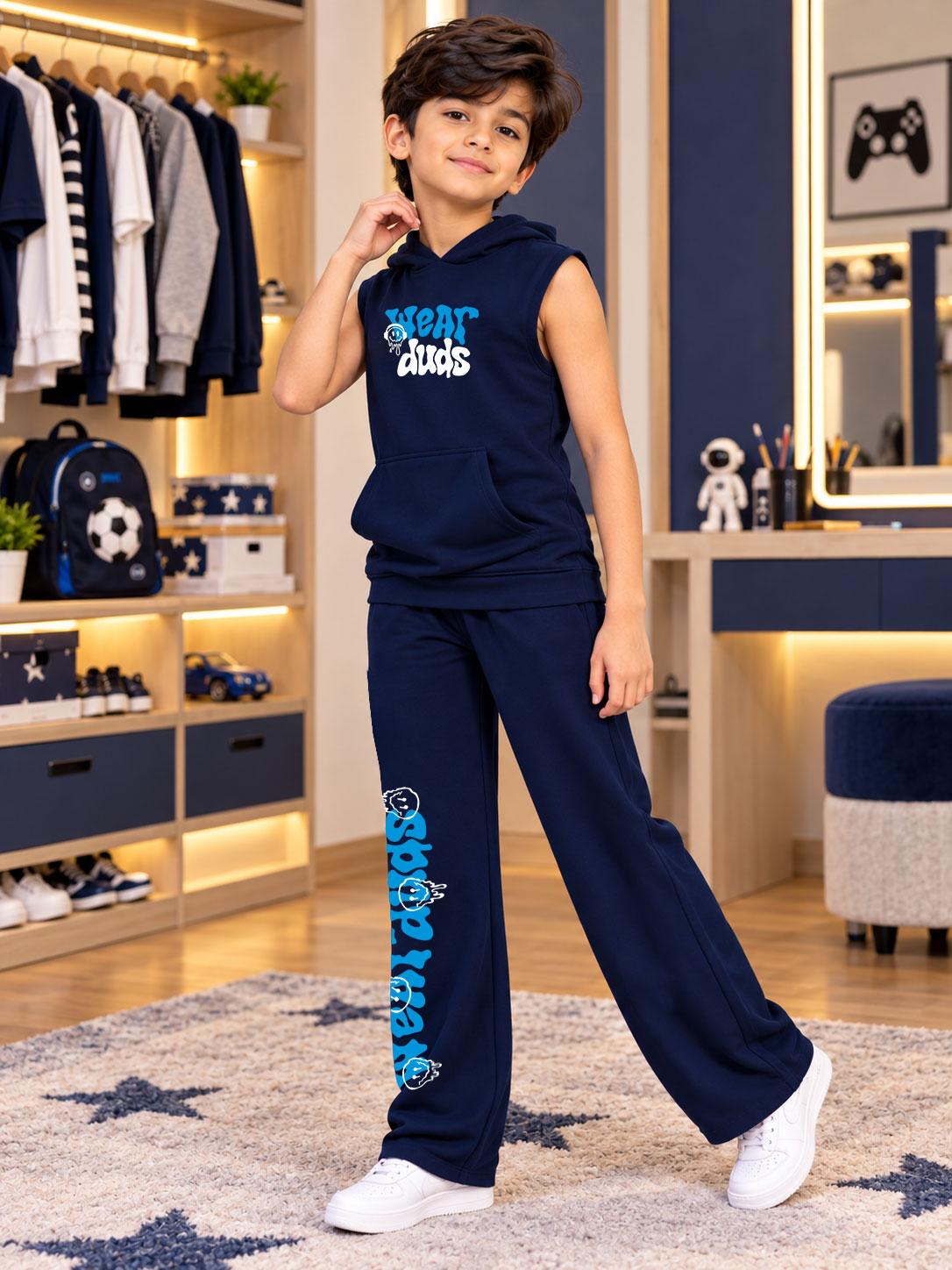 LOUNGEWEAR SLEEVELESS HOODED CO-ORD FOR BOYS GIRLS NAVY BLUE
