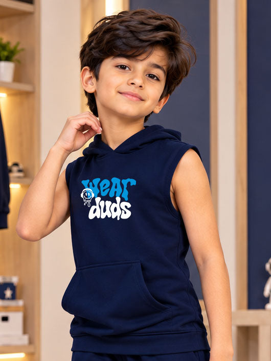 LOUNGEWEAR SLEEVELESS HOODED T-SHIRT FOR BOYS GIRLS NAVY BLUE