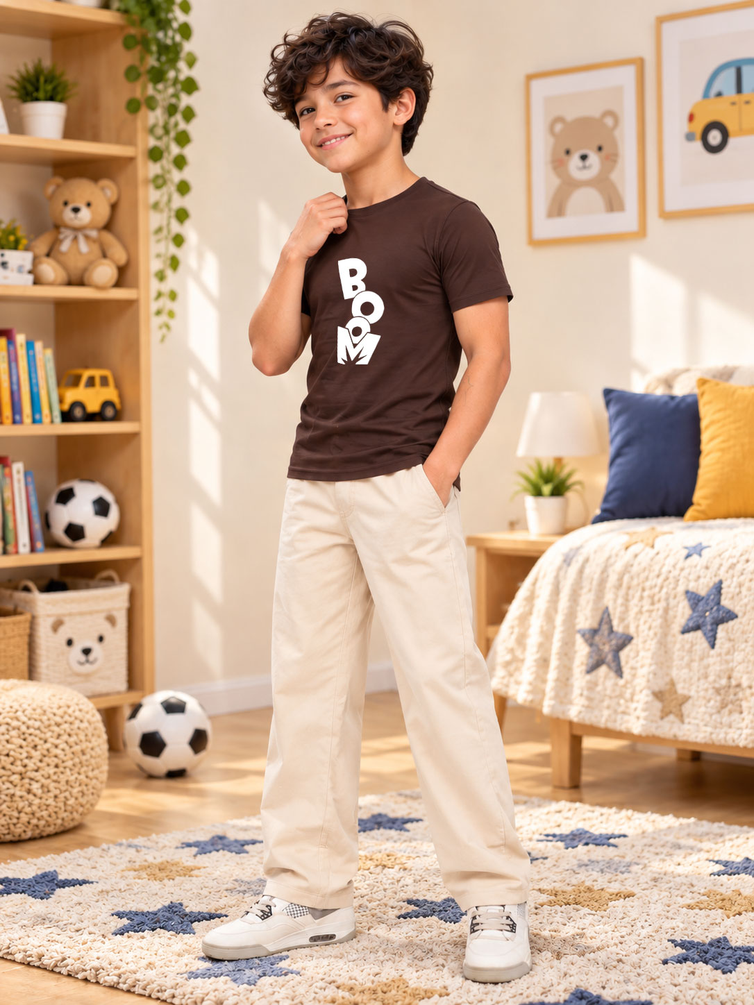 Kids White Dark Brown Boom Fit Regular T-Shirt styled with beige pants in a cozy bedroom setting