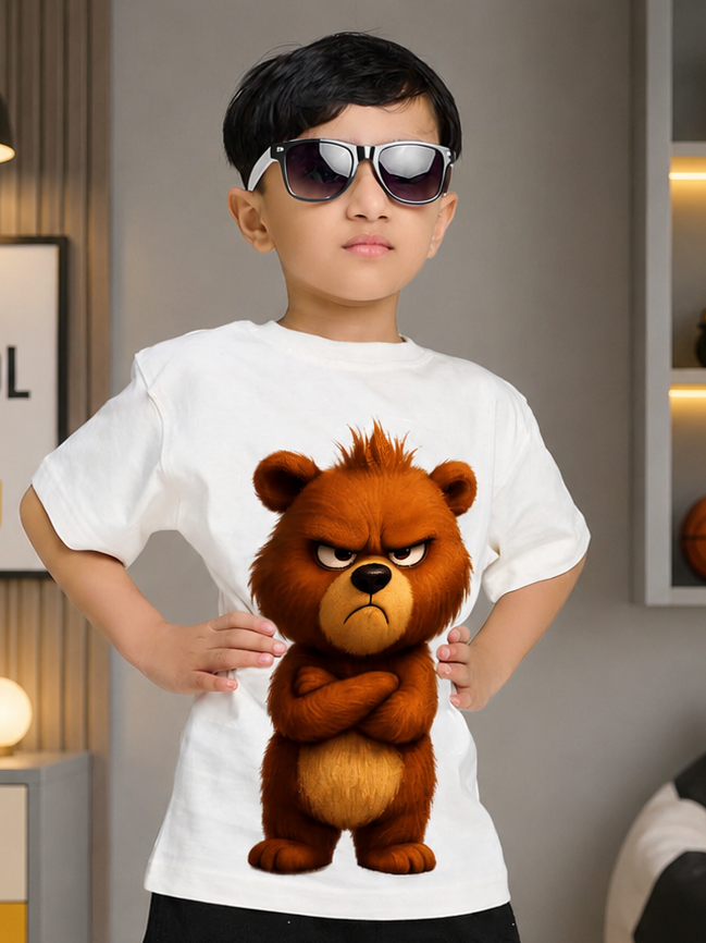 BEAR GRAPHIC CASUAL T-SHIRT FOR BOYS GIRLS WHITE