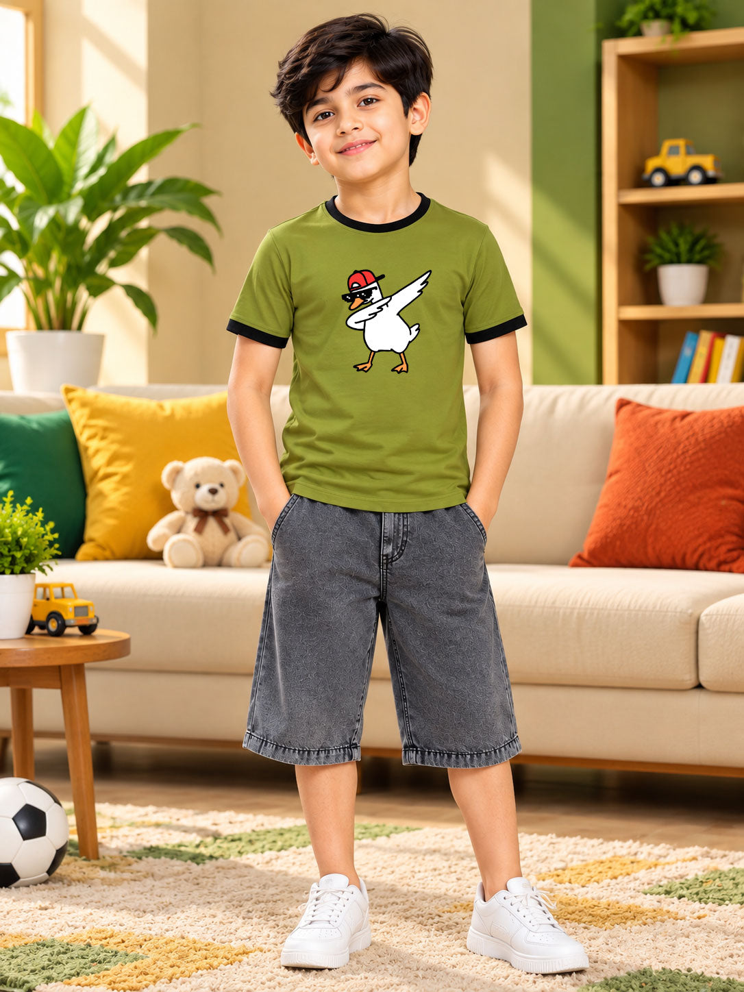 DUCK RINGER REGULAR FIT T-SHIRT FOR BOYS GIRLS OLIVE GREEN