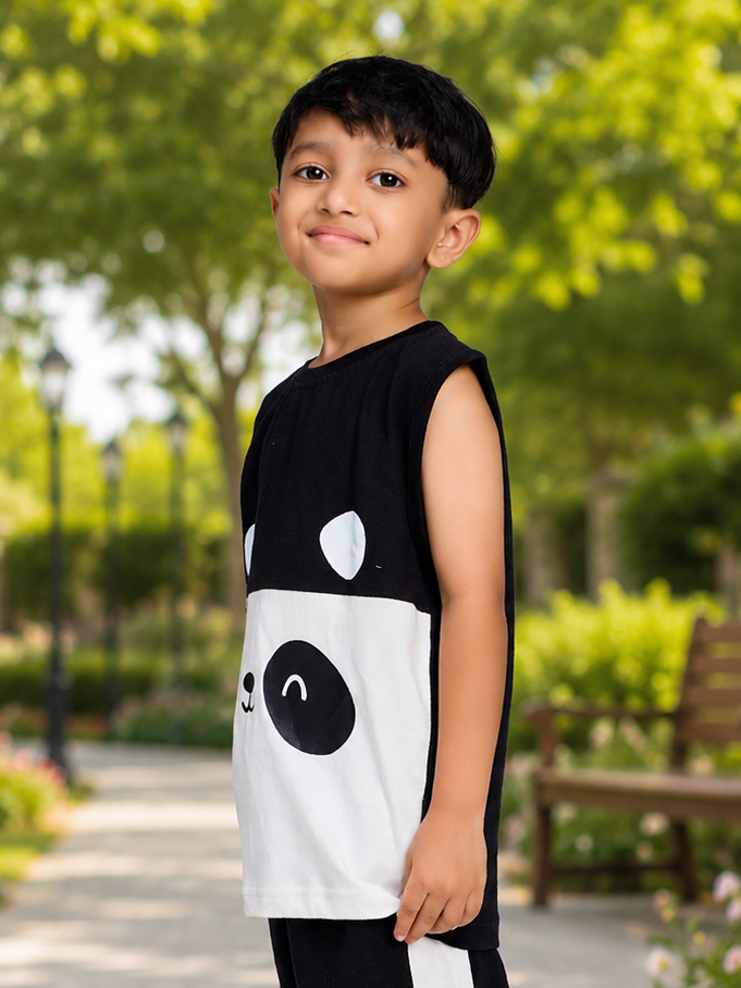 PANDA POP SLEEVELESS T-SHIRT FOR BOYS GIRLS BLACK WHITE