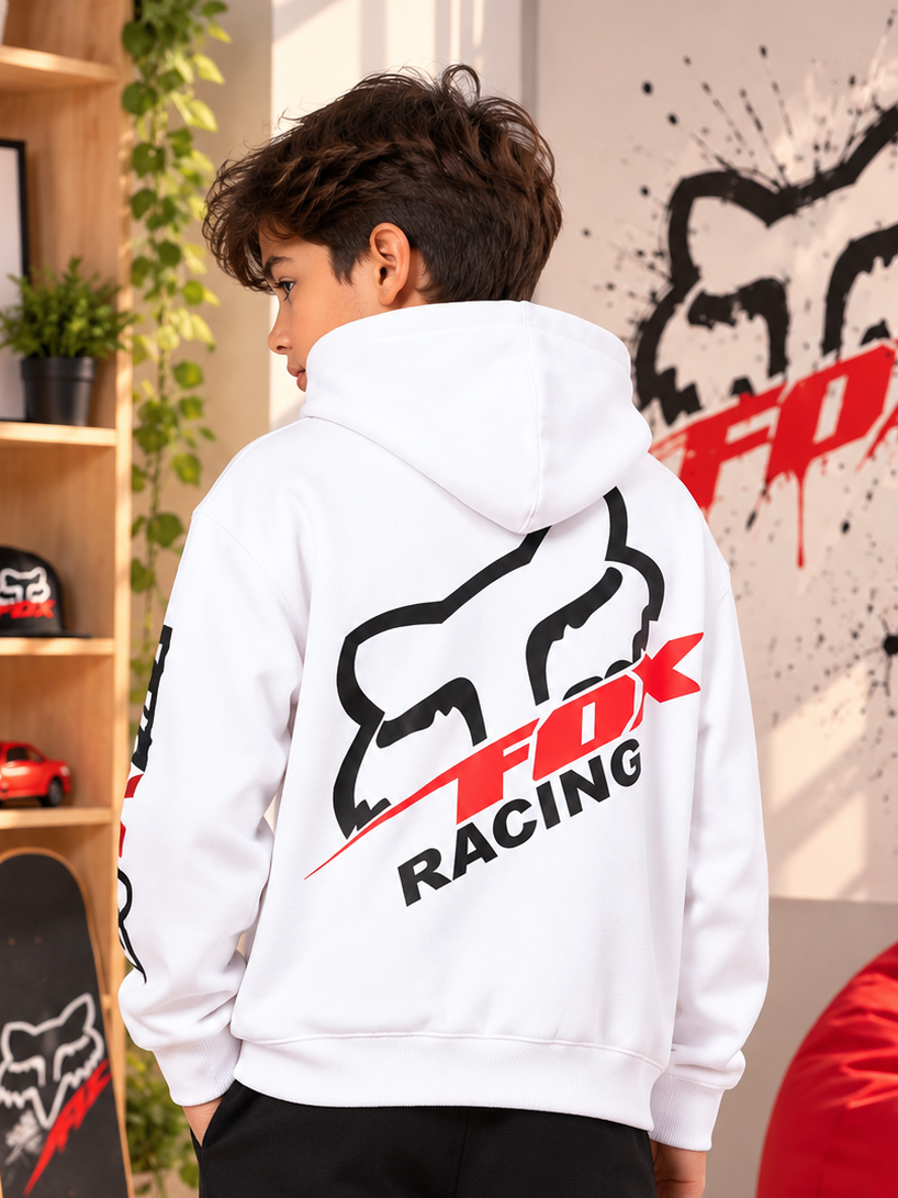 RACING FOX FLEECE HOODIE FOR KIDS WHITE with bold back print, cozy fit for boys