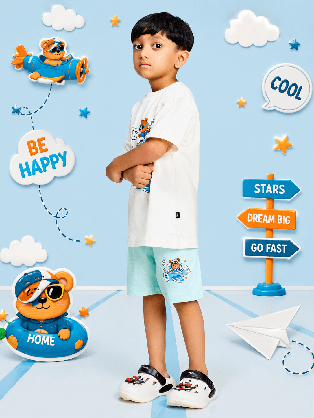 CARTOON BEAR CO-ORD SET FOR BOYS AND GIRLS WHITE MINT GREEN with playful bear graphic and light colors.
