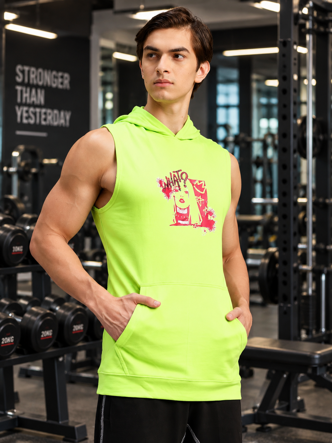 KANGAROO GYM SLEEVELESS HOODED T-SHIRT NEON GREEN