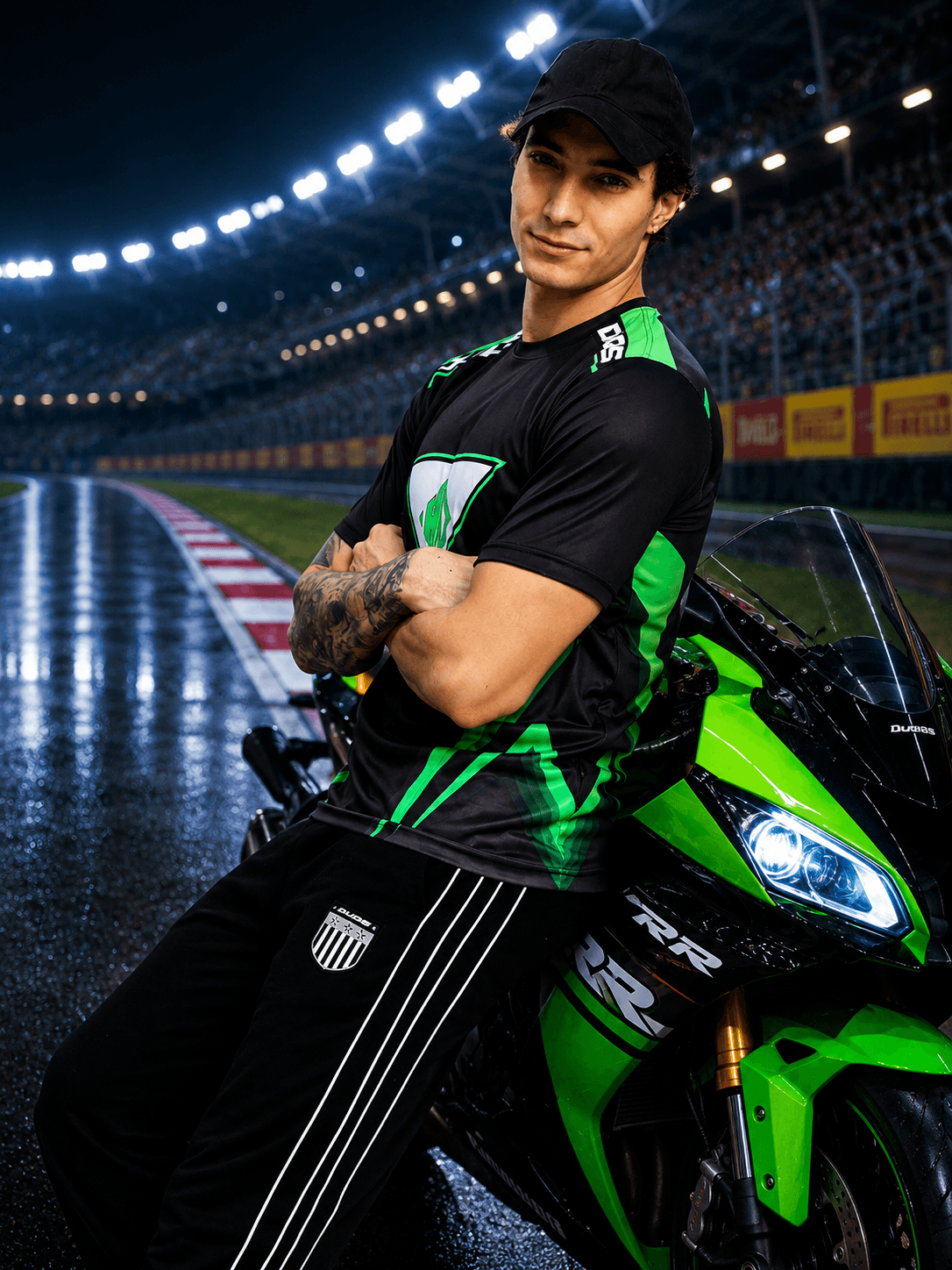 APEX RACING T-SHIRT BLACK worn by a model next to a green motorcycle at a racetrack.