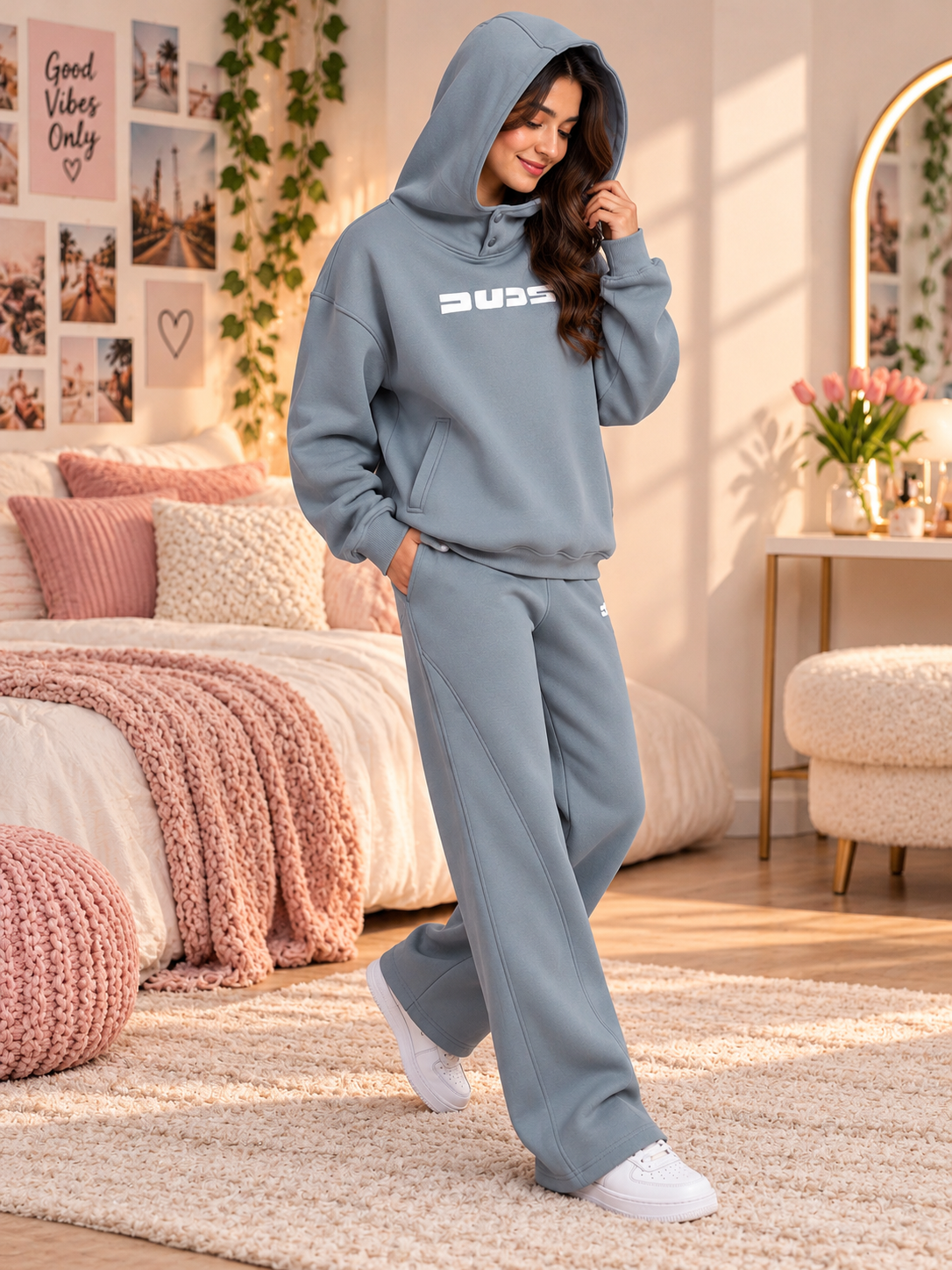 WOMEN SHOOTER COTTON FLEECE CO-ORD GREY