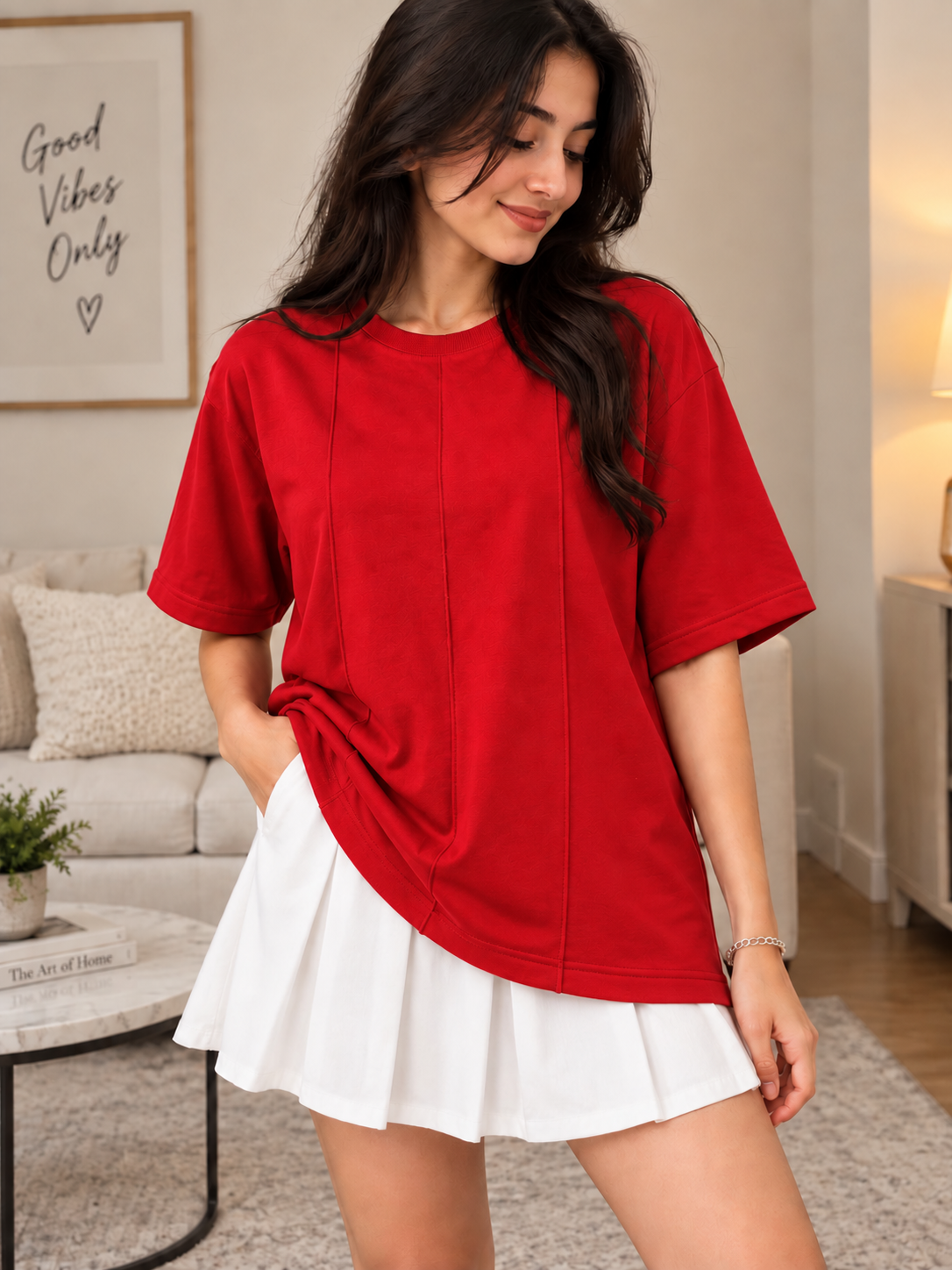 WOMEN BOXY FIT PANELS OVERSIZED T-SHIRT RED