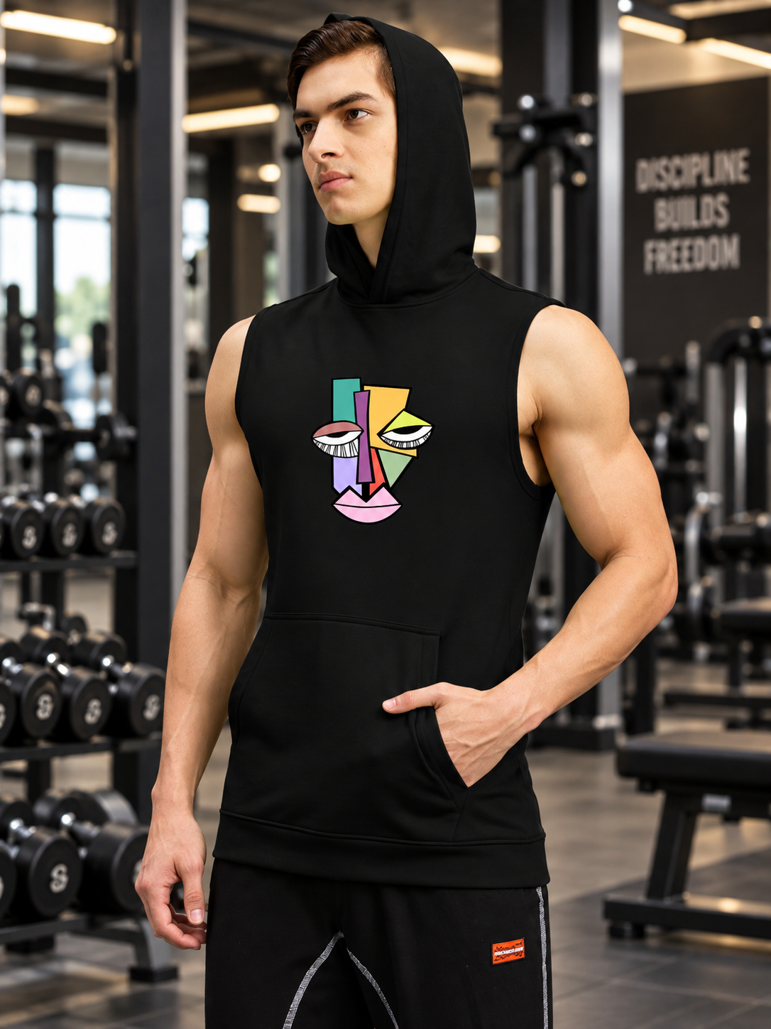 ABSTRACT FACE GYM SLEEVELESS HOODED T-SHIRT BLACK