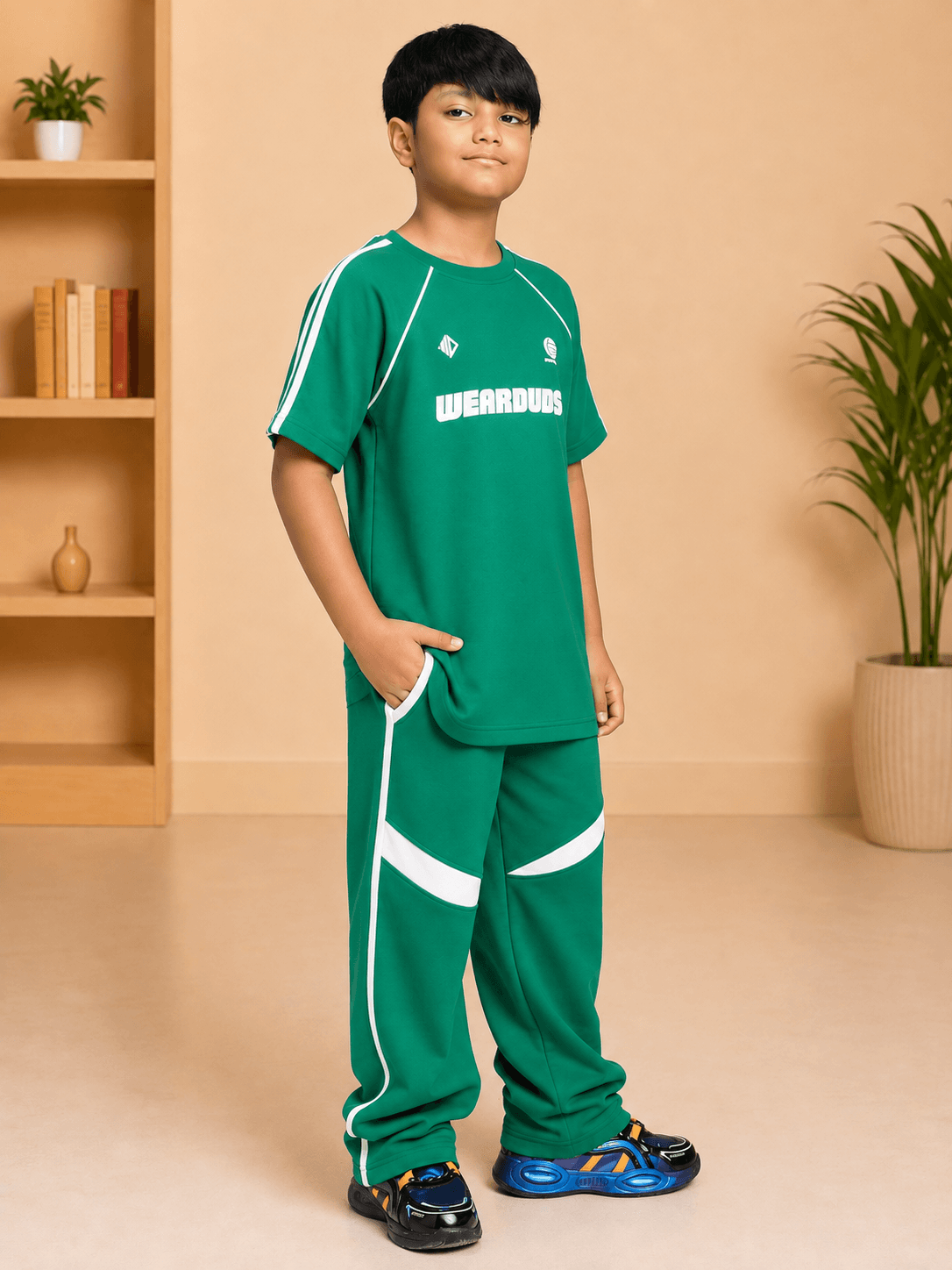 Kids Roster Co-Ord Boys Girls Green White attire, featuring sporty green outfit with white details.