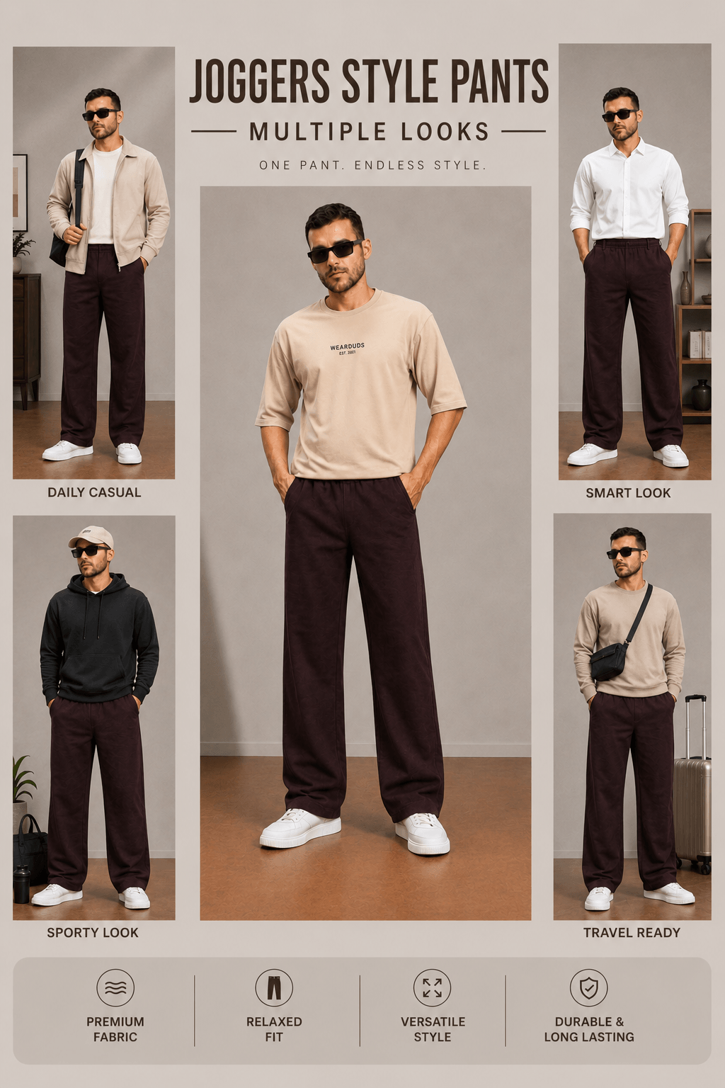 ATHLETIC DRESS TRACK TROUSERS MAROON showcased in multiple stylish looks, perfect for casual and elevated outfits.
