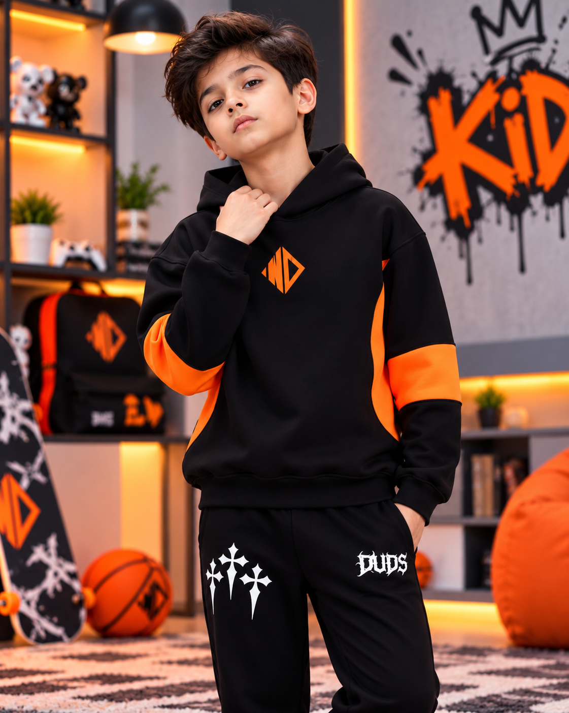 WD GORBCORE FLEECE HOODIE FOR BOYS AND GIRLS BLACK ORANGE