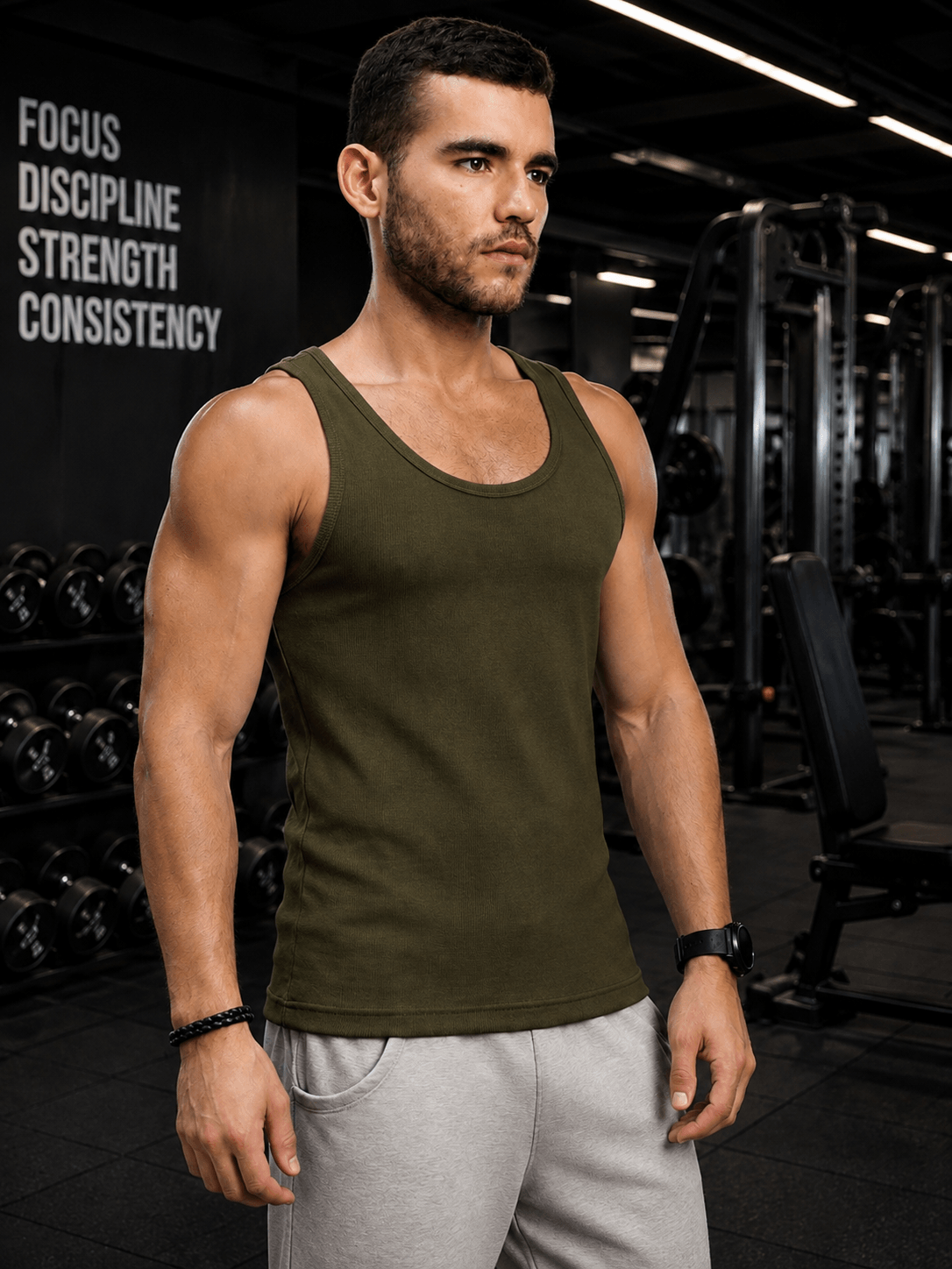 WEARDUDS Shop EASY WEAR VEST GYM T-SHIRT OLIVE GREEN for a trendy sporty look, perfect for workouts, gym sessions, casual outings, and everyday wear.