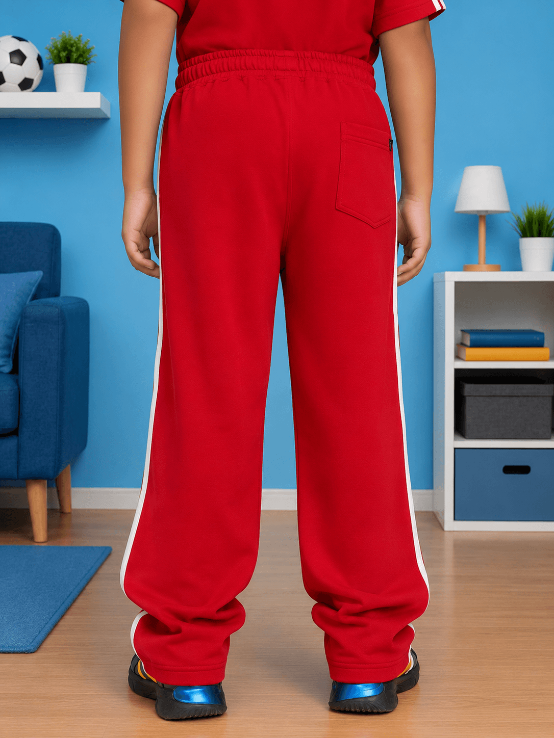 KIDS ROSTER JOGGER FOR BOYS GIRLS RED WHITE back view showing vibrant red joggers with white accents.