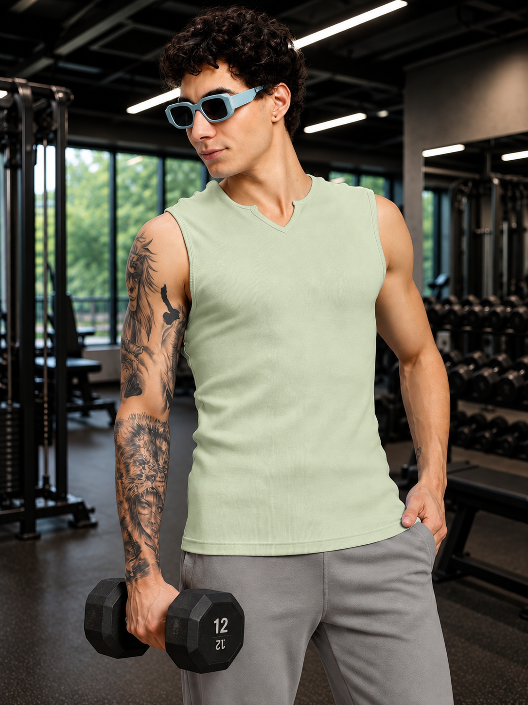 SLEEVELESS WORKOUT COTTON T-SHIRT SAGE GREEN