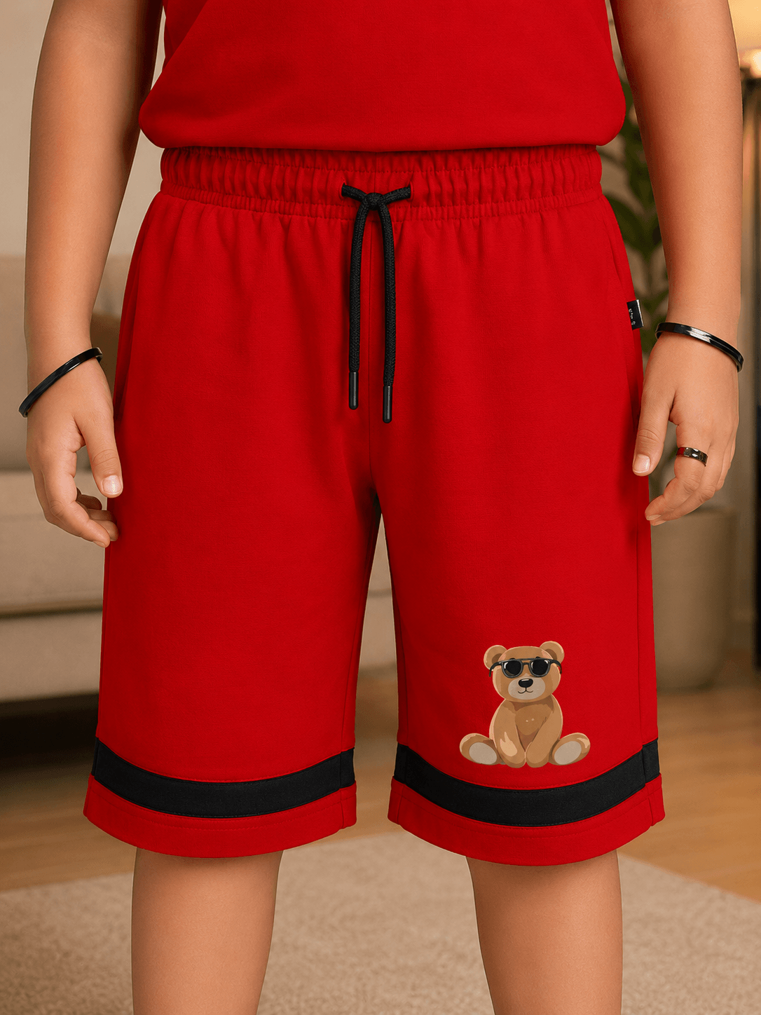 COOL TEDDY BEAR SHORTS FOR BOYS GIRLS RED featuring a teddy bear design and vibrant red color.