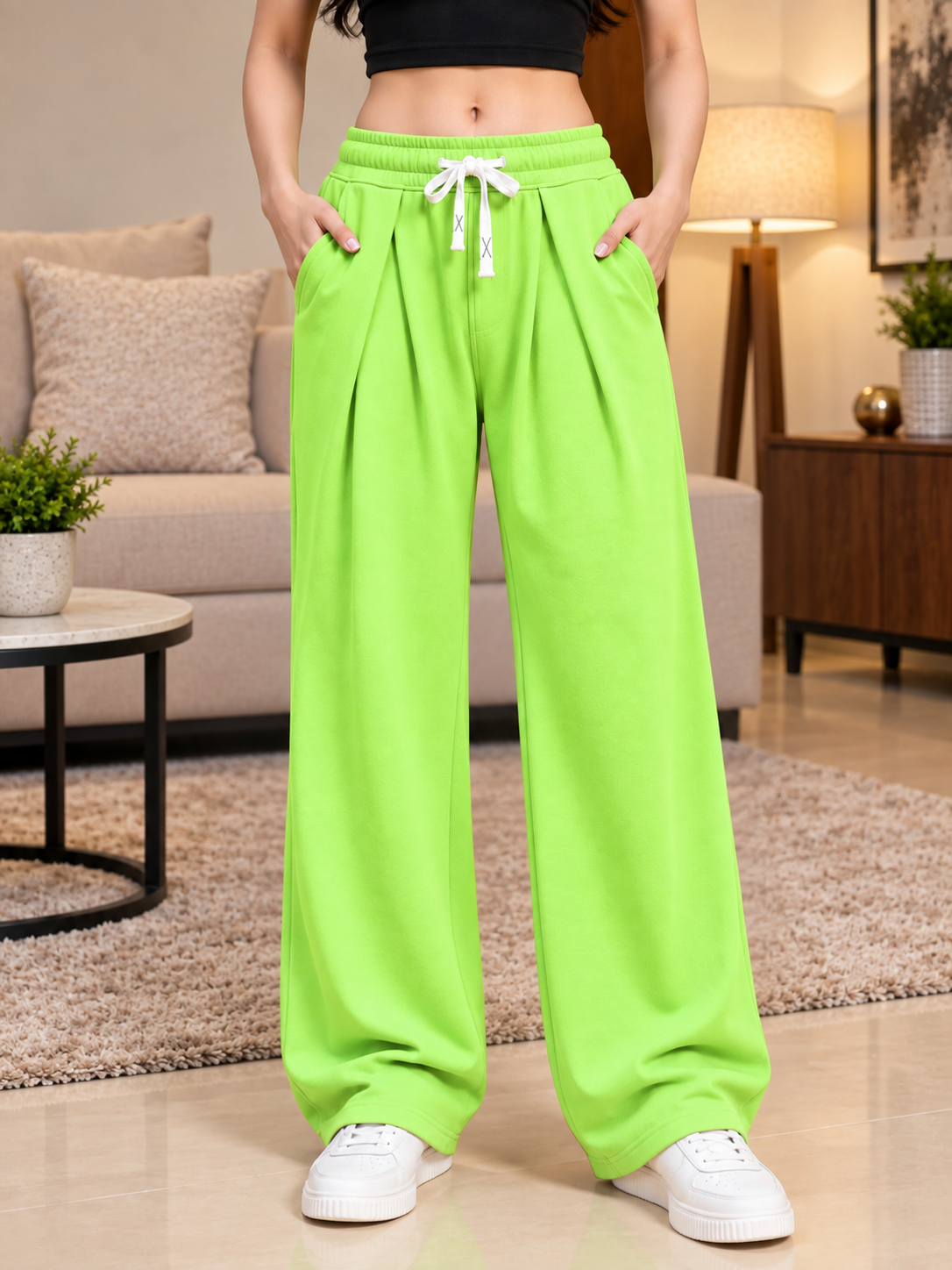 WOMEN DRAPE TAILORED FIT JOGGERS NEON GREEN