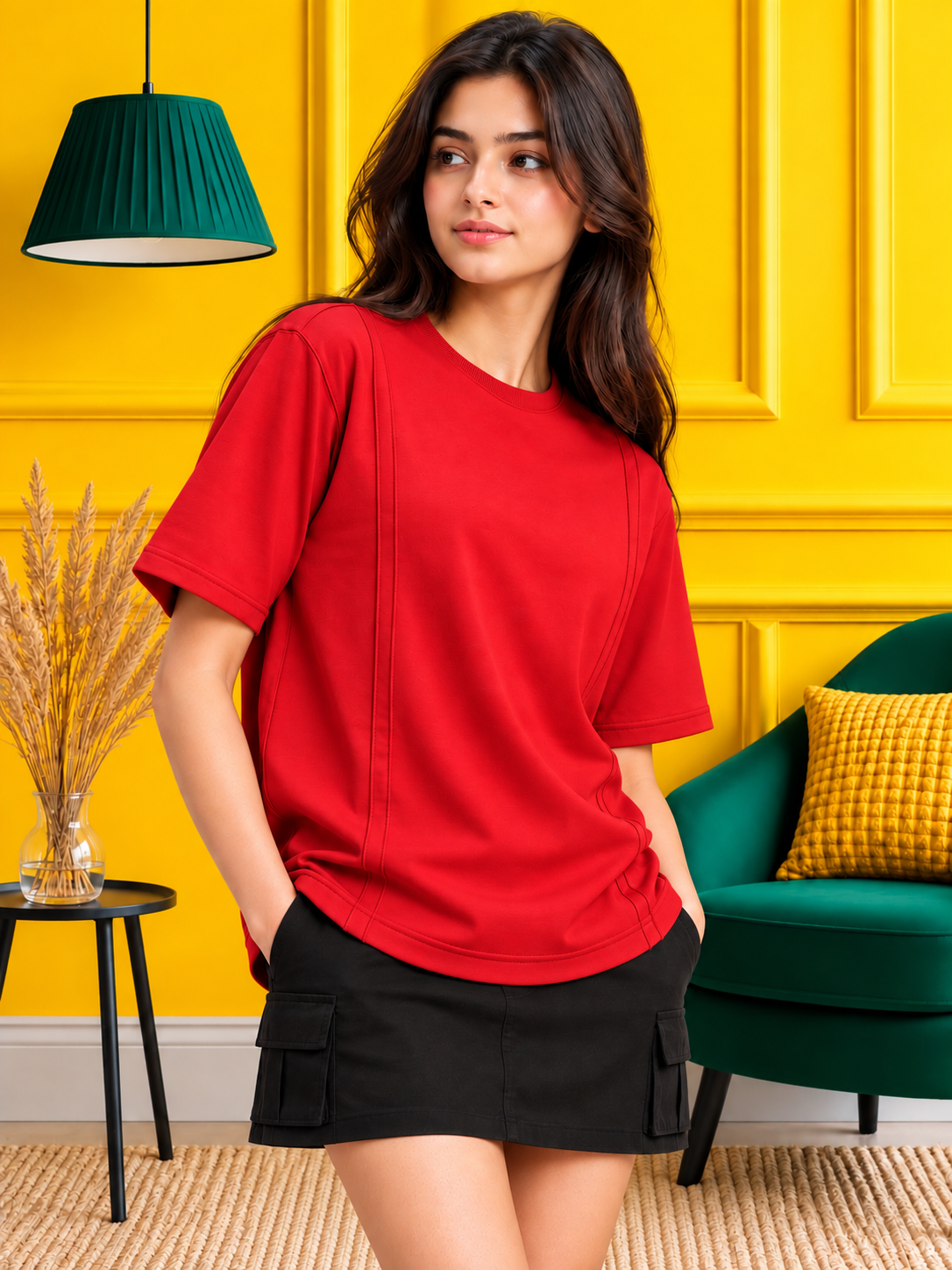 WOMEN PANEL OVERSIZED CREW T-SHIRT RED