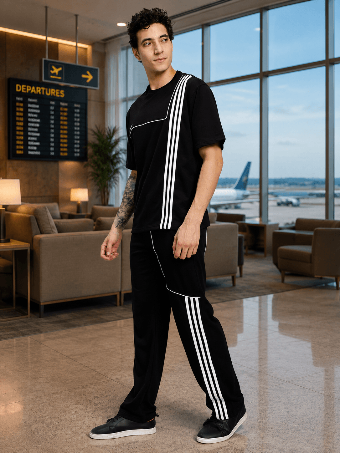 YOUTH CONTREST PIPING CO-ORD SET BLACK modeled by a man in a modern airport lounge.