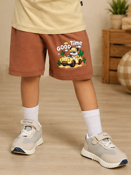 GOOD TIME PRINT SHORTS FOR BOYS GIRLS BROWN