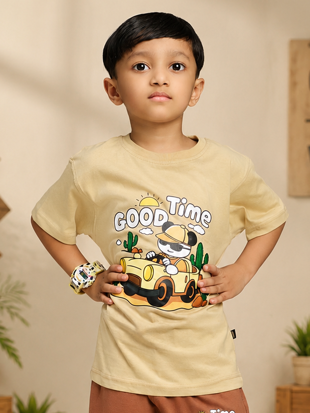 GOOD TIME PRINT T-SHIRT FOR BOYS GIRLS BEIGE