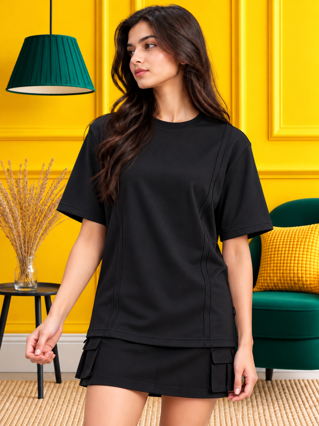WOMEN PANEL OVERSIZED CREW T-SHIRT BLACK