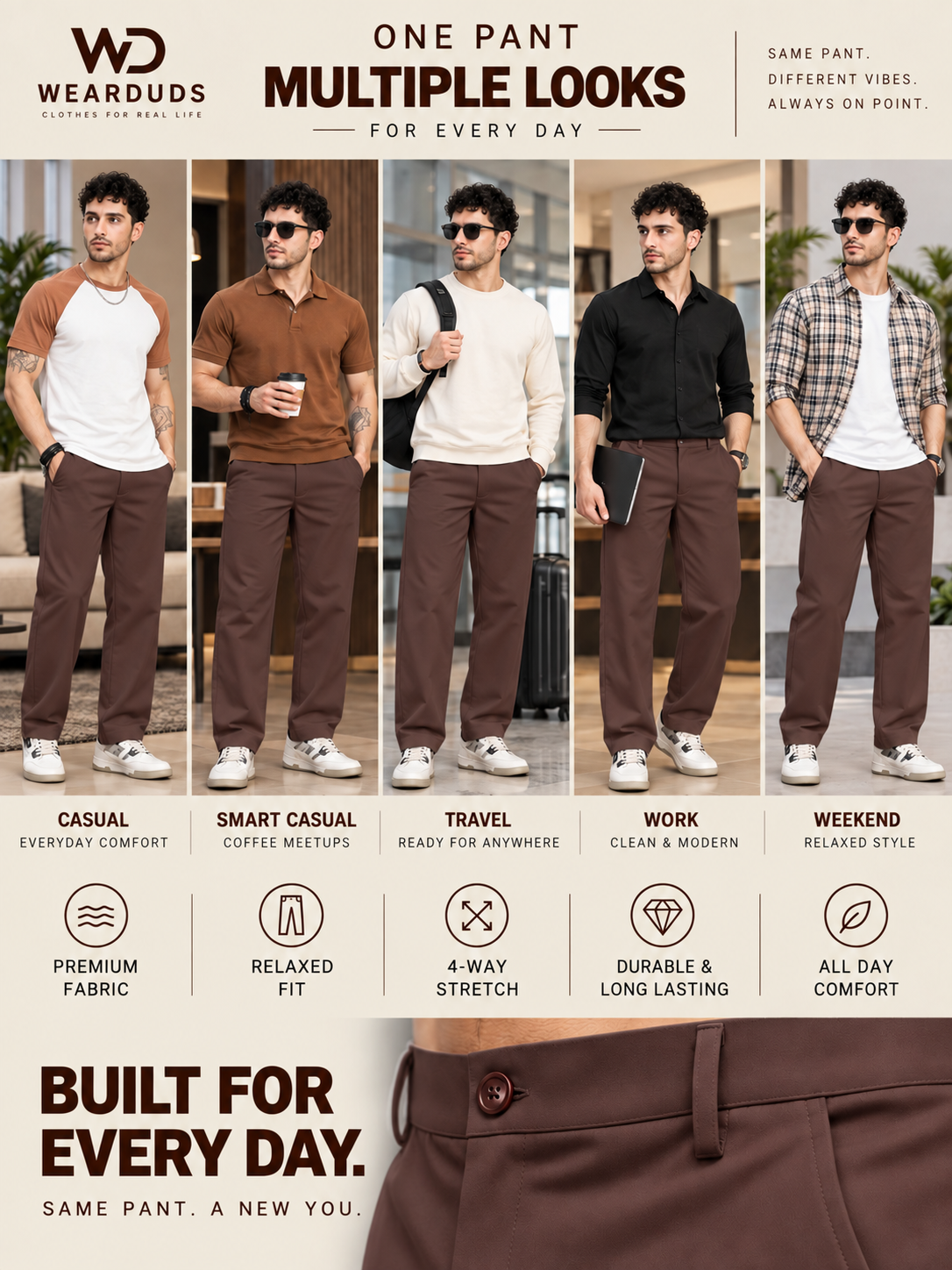 COMFORTABLE STRAIGHT CASUAL PANTS DARK BROWN