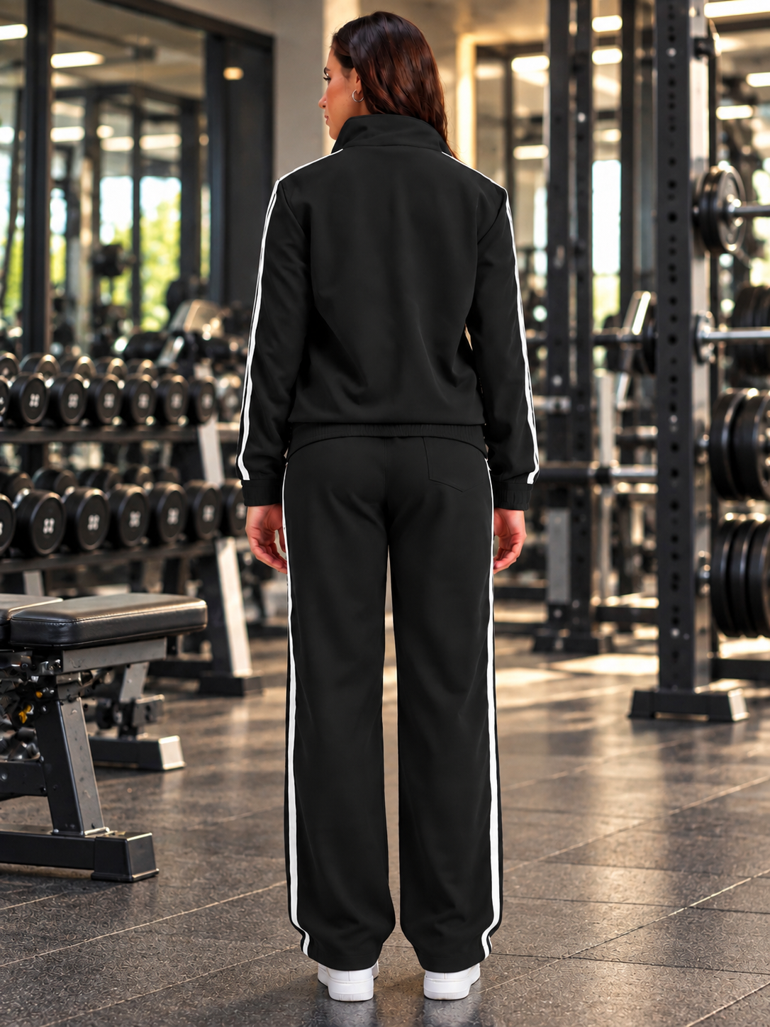 WOMEN SPORTY ZIP UP RELAXED-FIT JOGGERS BLACK