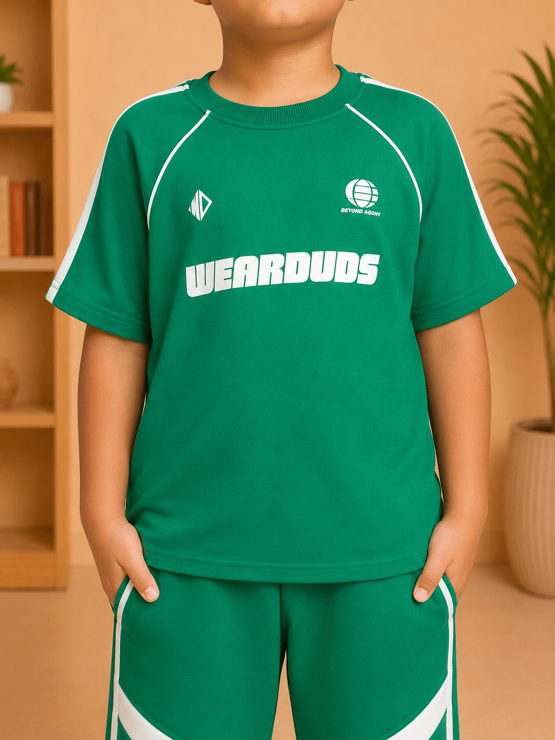KIDS ROSTER T-SHIRT BOYS GIRLS GREEN WHITE worn by child, showcasing sporty style in vibrant green and white.