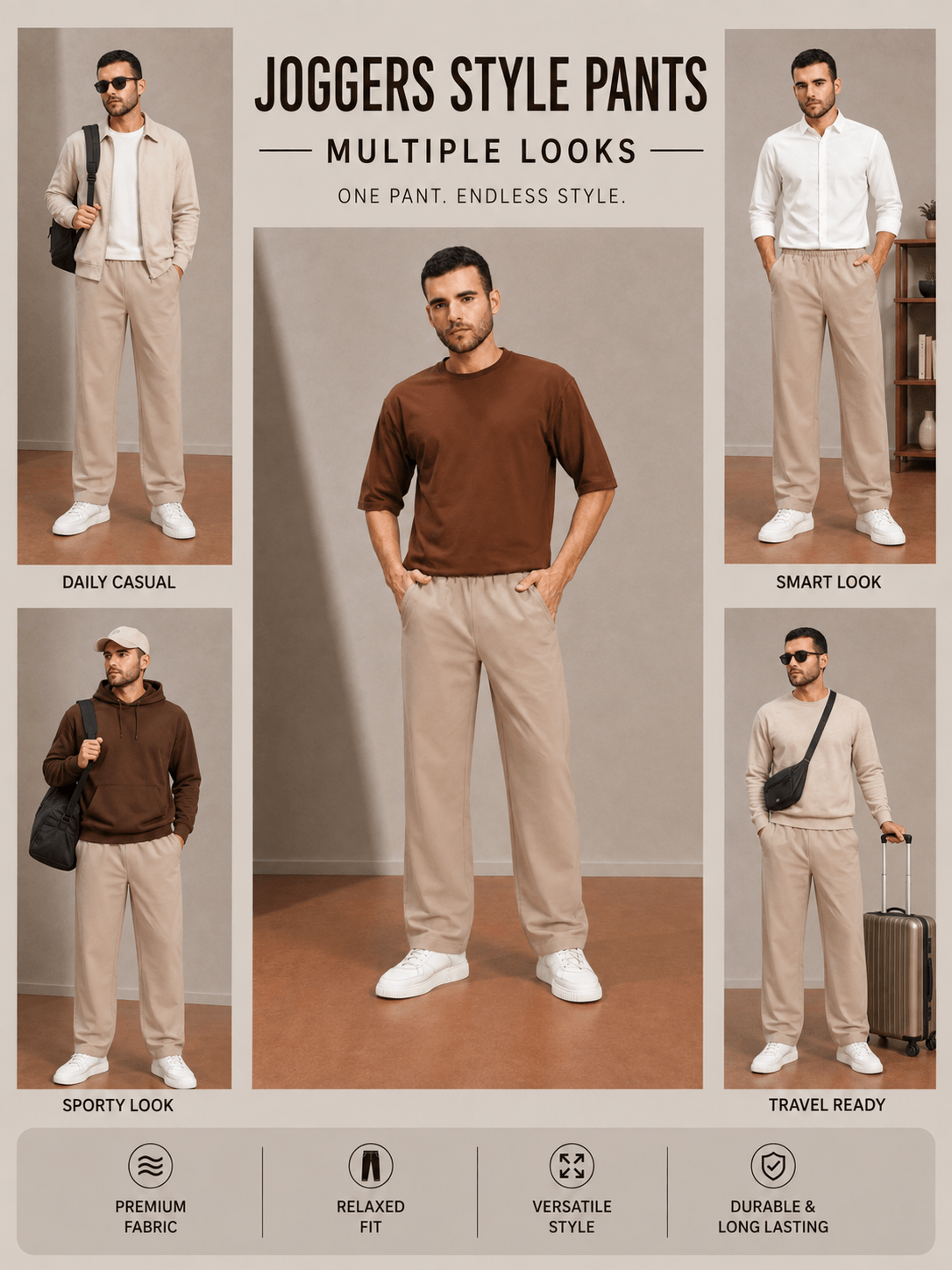 ATHLETIC DRESS TRACK TROUSERS BEIGE showcased in various styles including daily casual, smart look, sporty look, and travel ready.