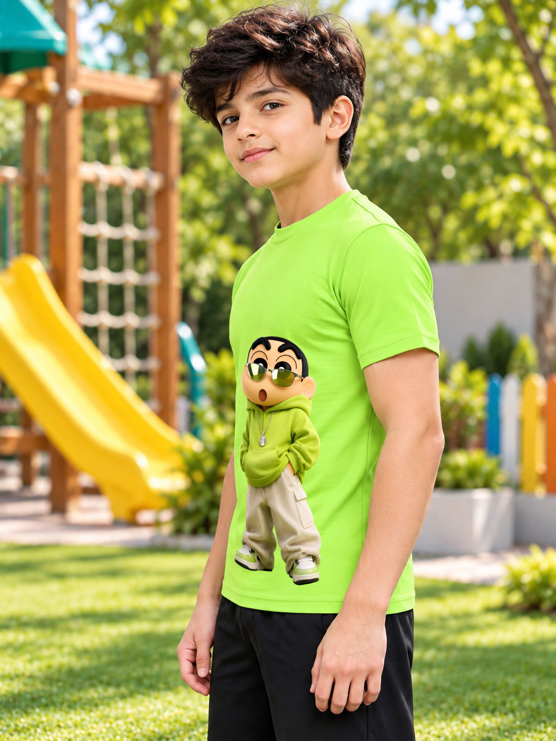 SHINCHAN GRAPHIC PRINTED T-SHIRT FOR BOYS GIRLS GREEN