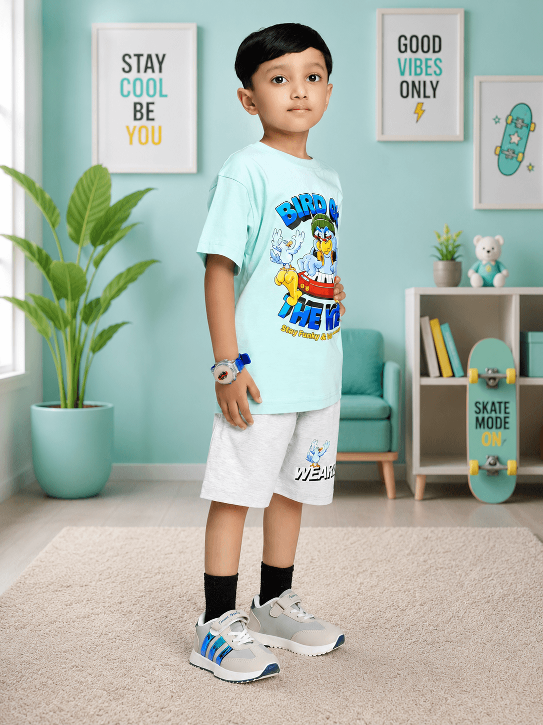 BIRD ON THE KEYS CO-ORD FOR BOYS GIRLS SKY BLUE LIGHT GRAY
